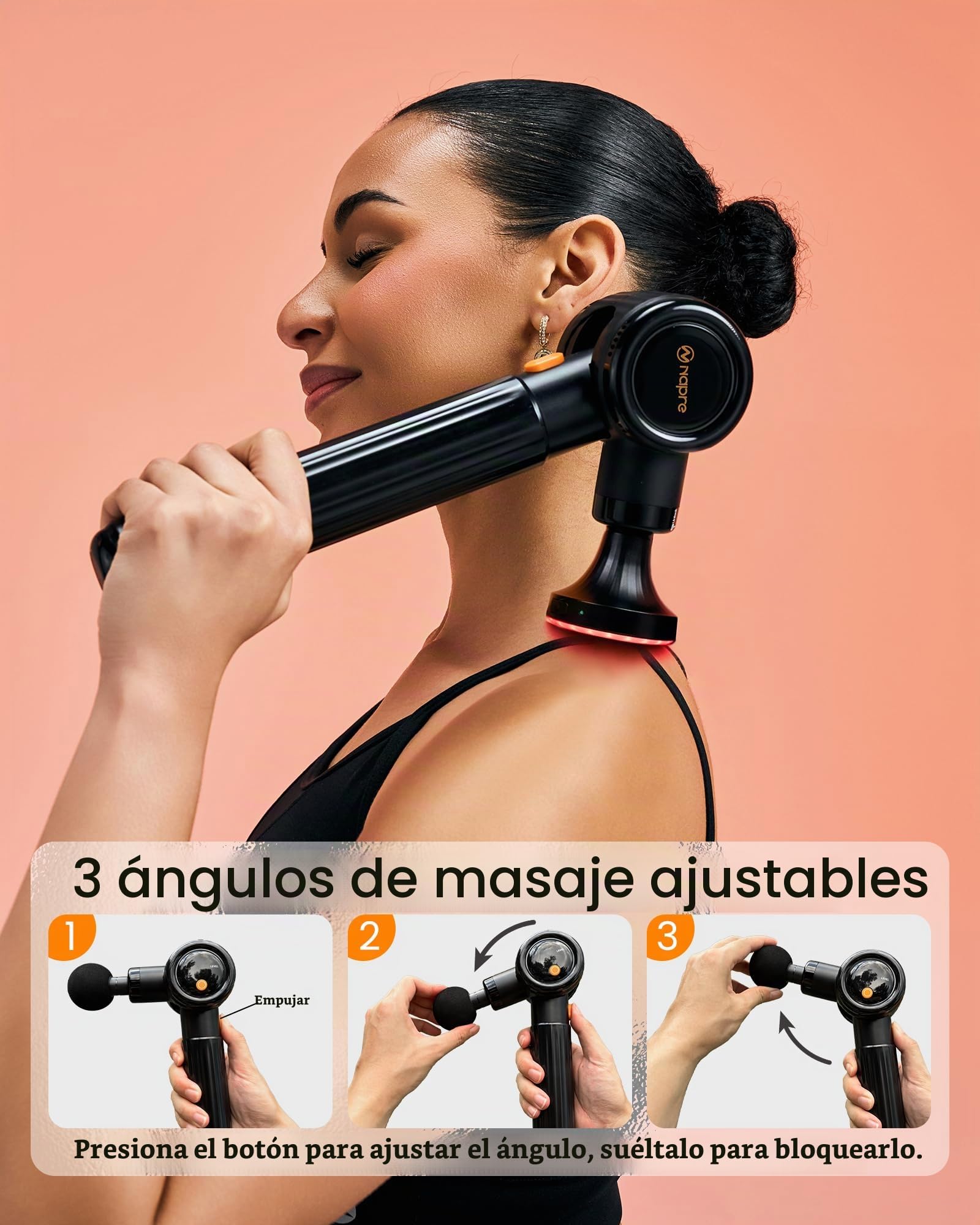 Pistola de Masaje Muscular con Calor y Luz Roja Terapia,Napre Pistola Masaje Muscular con Mango Largo y 3 ángulos Ajustables,Massage Gun Pistola Masajeadora,Masajeador Muscular Cervical Espalda,Negro