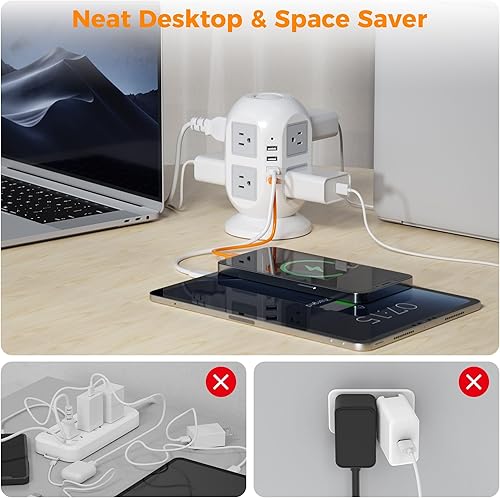 Miniatura 4 de Regleta de alimentación con protector contra sobretensiones de torre TESSAN, cable de extensión largo plano de 15 pies con múltiples tomas, 8