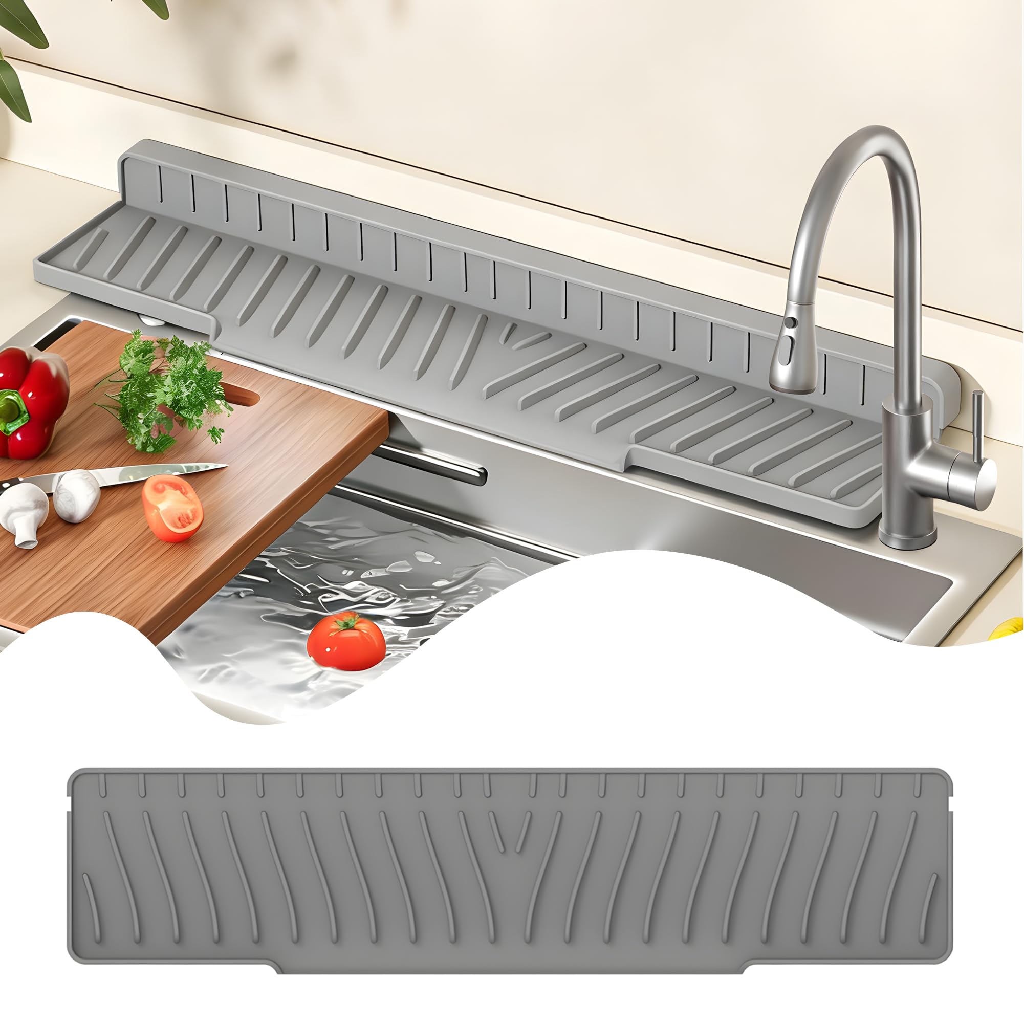 Linpr Silicone Faucet Splash Guard, Kitchen Sink Mat, Grey, 17.7" x 3.9"