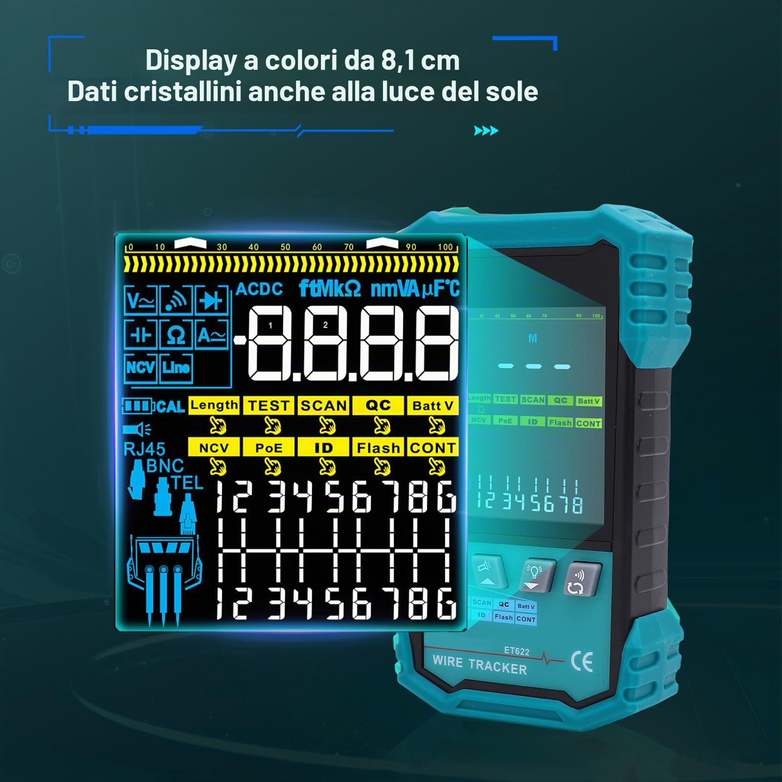 Tester per cavi di rete con rilevazione di tensione POE, tracker, lunghezza RJ45 (400 m), test di passaggio, indicatore di porta lampeggiante, kit di test LAN per manutenzione Ethernet/Internet