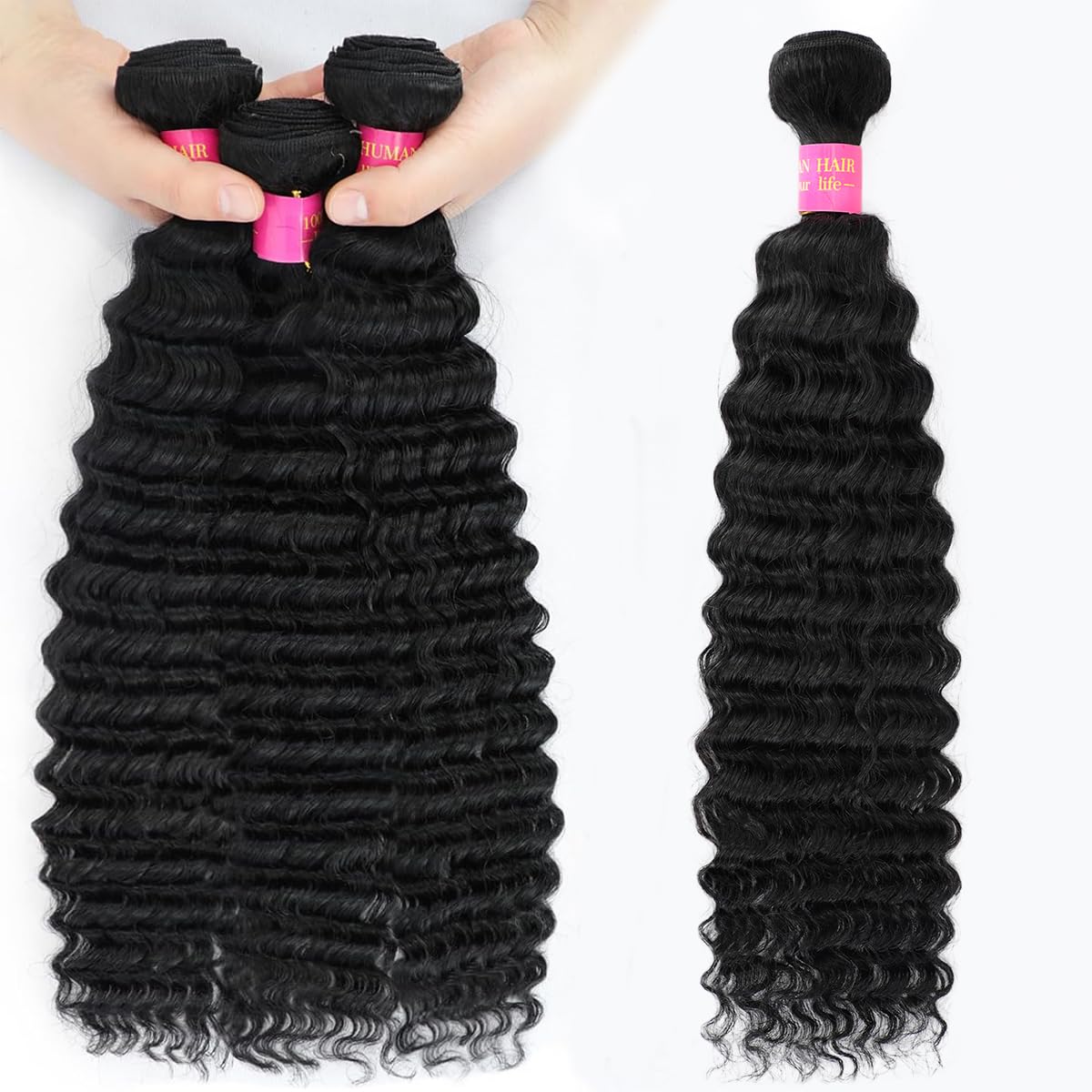 1 Bundle Human Hair 12A Deep Wave Bundles Human Hair 22 Inch 100% Unprocessed Brazilian Virgin Hair Quick Weave Bundles Real Human Hair Extensions Natural Black