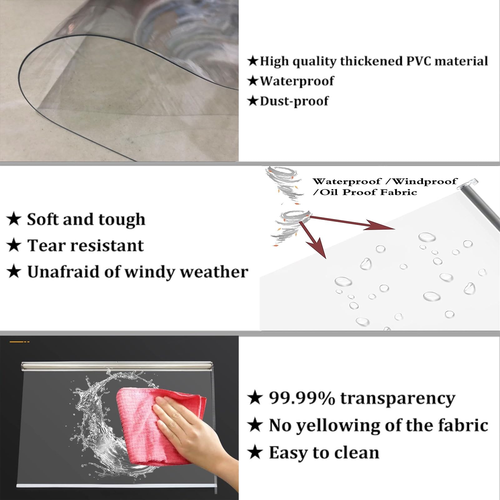 Store à enroulement en plastique vinyle, stores transparents robustes, rideau de fenêtre imperméable avec raccord, Étanche Poussière Volets Roulants avec Side-Pull ( Size : W110xH200cm/W43.3xH78.7in )