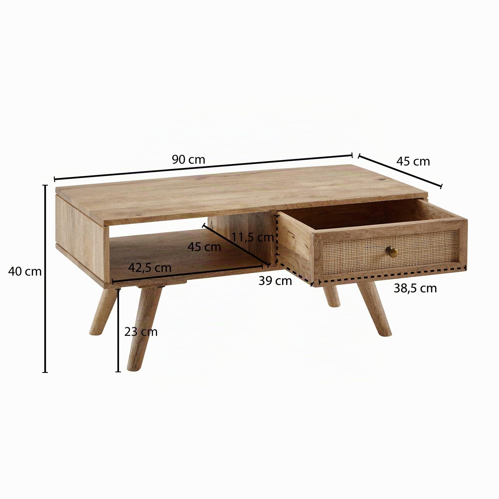 FineBuy Mesa de Centro 90x40x45 cm Mesa de salón de Madera Maciza de Mango Rectangular | Mesa de Madera con Espacio de Almacenamiento | Mesa de Centro con cajón | Mesa de salón Maciza