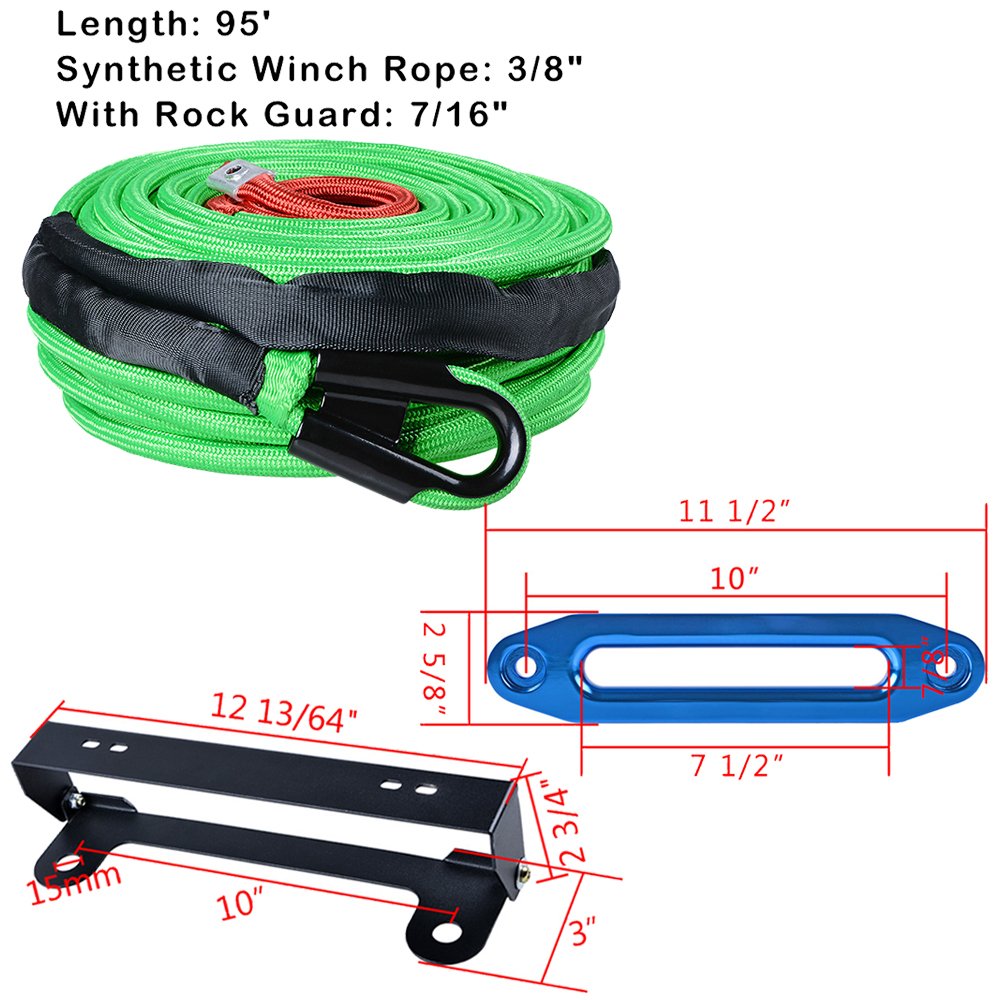 Astra Depot 95ft x 3/8 inch (reen Synthetic Winch Rope Cable 22000LBs + Anodized Blue 10