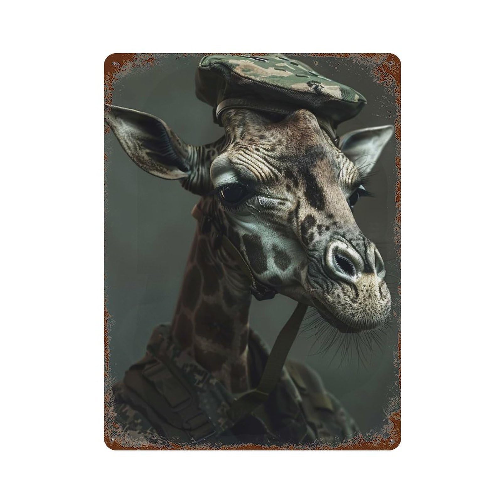 Military Giraffe Portrait Rust Effect Tin Sign 15.7"x11.8", for Farmhouse, Kitchen And Entryway Decor, Decorative Metal Wall Art