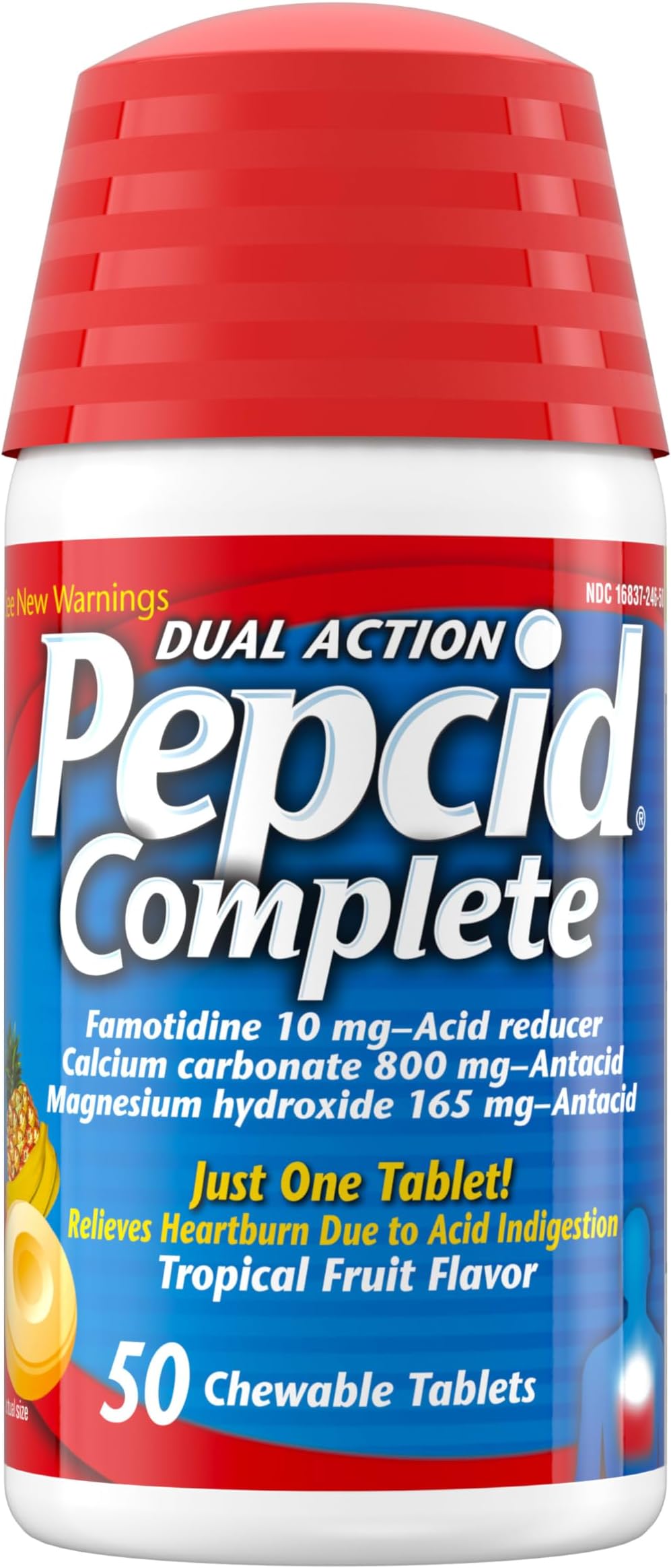 Pepcid Complete Acid Reducer + Antacid Chewables, 10 mg Famotidine, 800 mg Calcium Carbonate & 165 mg Magnesium Hydroxide per Tablet, Antacid Chews for Heartburn, Tropical Fruit, 50 Ct