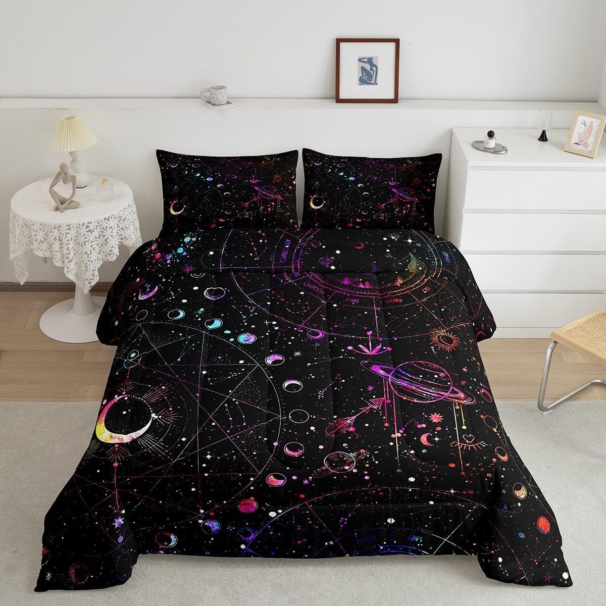 jejeloiu Sun and Moon Comforter Set Queen Size Kids Boho Exotic Comforter for Boys Girls Teens Bohemian Bedding Set Breathable Galaxy Colorful Duvet Set Room Decor Quilt Set Bedclothes