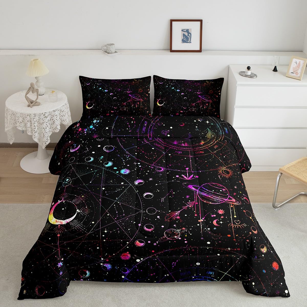 jejeloiu Sun and Moon Comforter Set Full Size Kids Boho Exotic Comforter for Boys Girls Teens Bohemian Bedding Set Breathable Galaxy Colorful Duvet