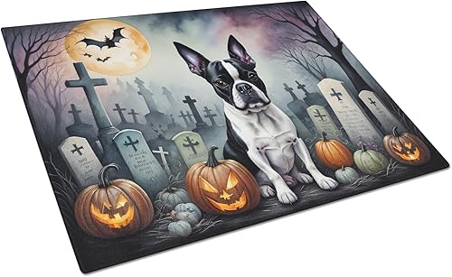 Caroline's Treasures DAC2020LCB Boston Terrier Spooky Tabla de cortar de vidrio de Halloween Tabla de cortar y servir de vidrio templado decorativa