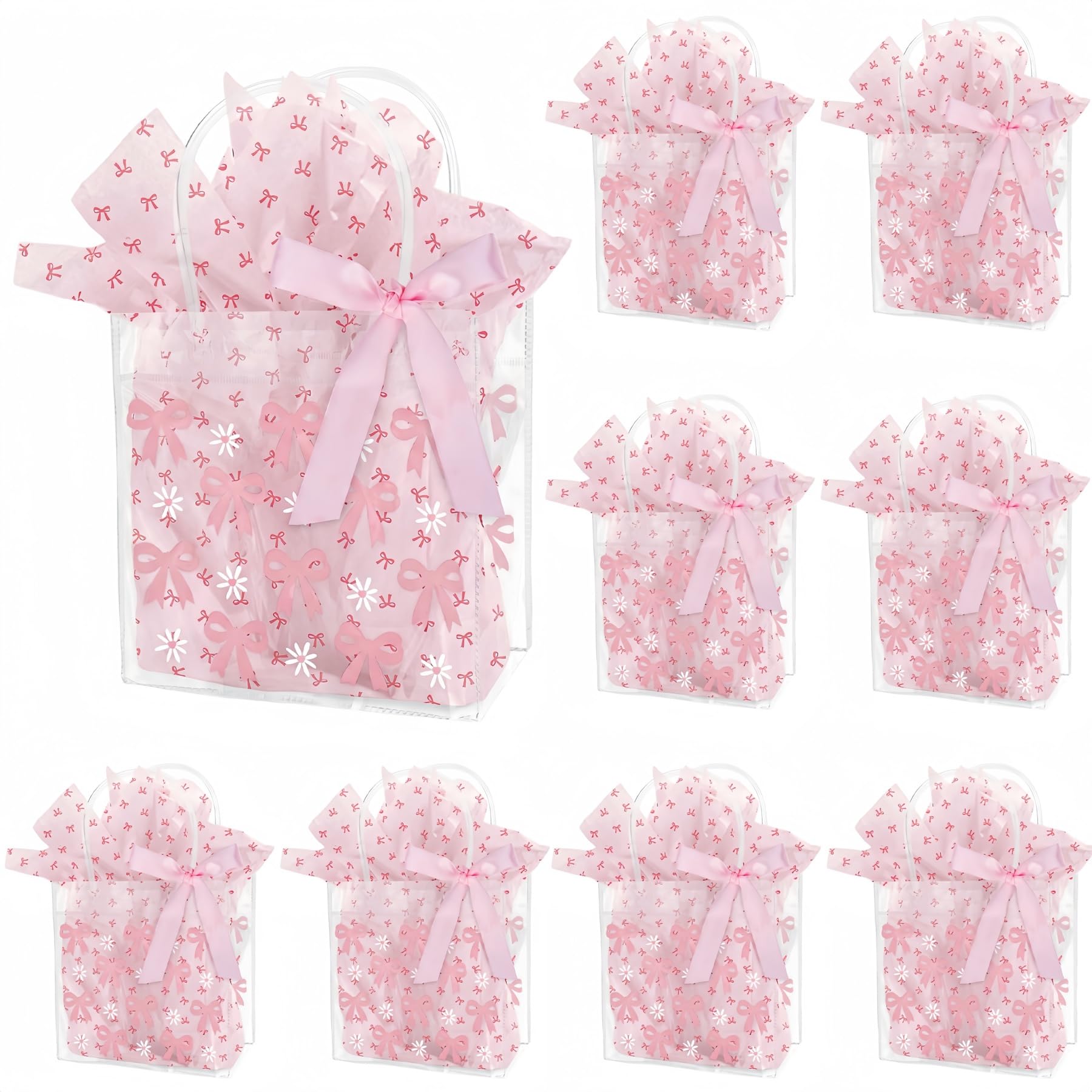 Dmnnlp 8Pcs Pink Bow Clear Gift Bags with Ribbon & Tissue Paper, 15x8x16cm Small PVC Party Bags for Girls Women Birthday, Wedding, Baby Shower, Hen Party, Christmas (Pink1)