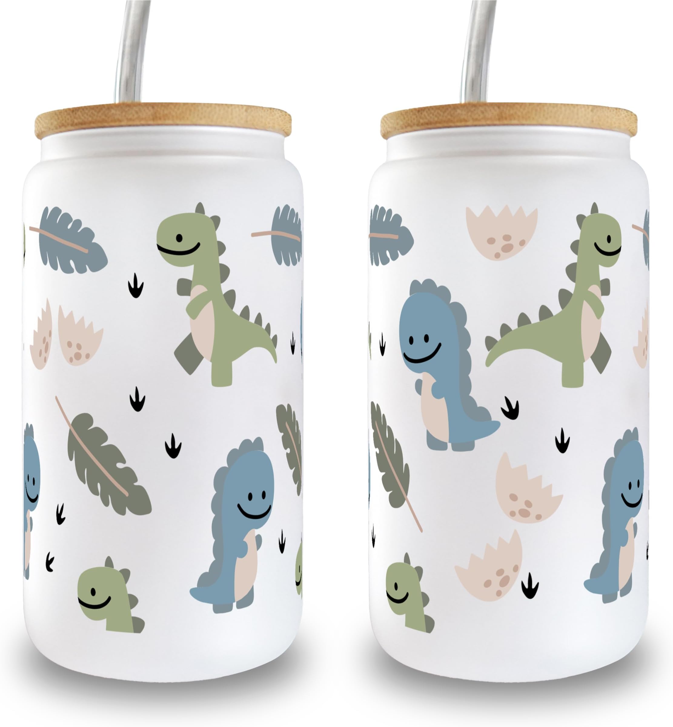 Sip-Sip Hooray! Cute Baby Dino 16oz Frosted Glass Can Cup with Lid and Straw, Dinosaur Iced Coffee Glass, Dino Gift for Girls, Trex Glass Tumbler
