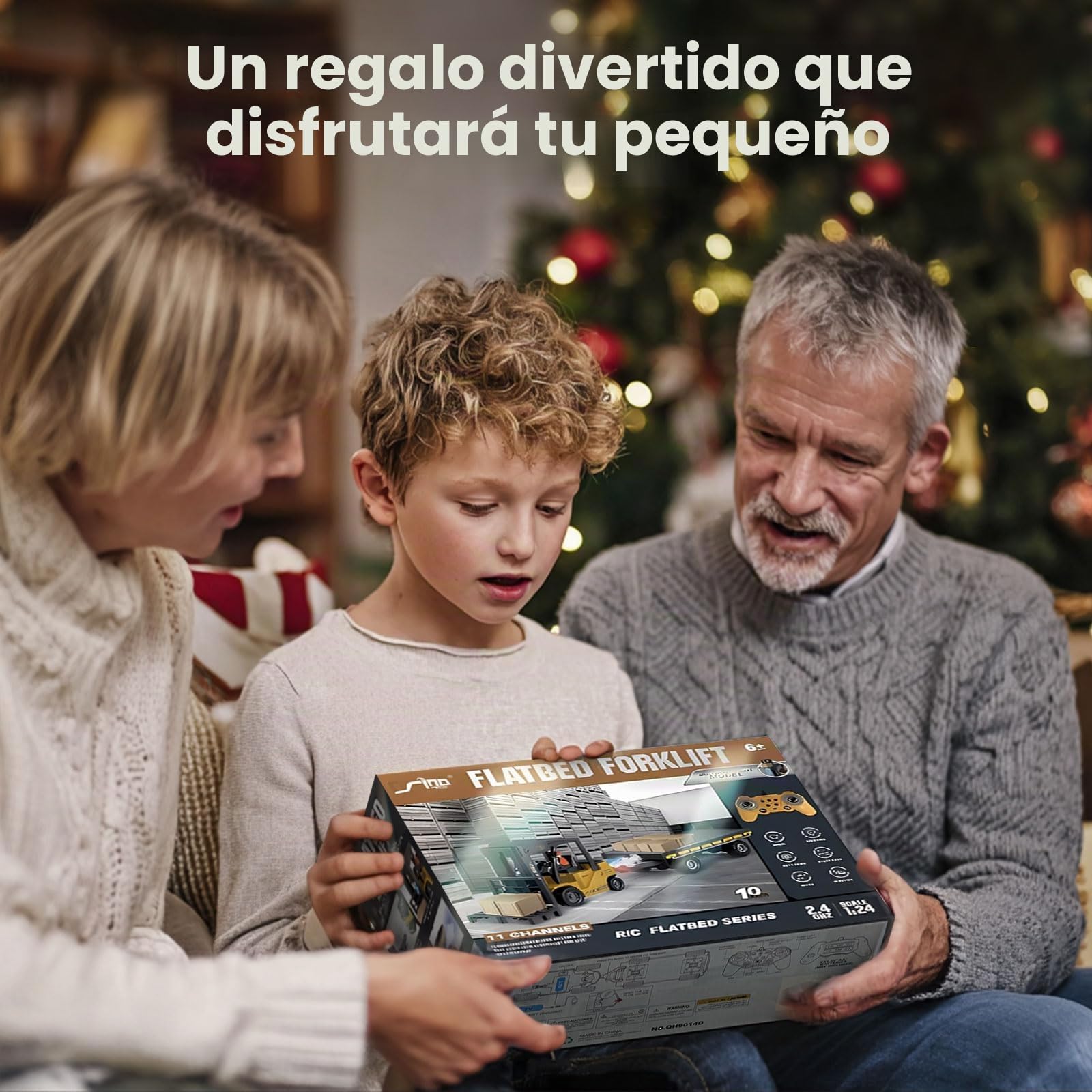 Carretilla elevadora teledirigida 1:24 con remolque, vapor, luces y sonidos, modo grúa, 2 baterías recargables USB, camión RC para niños a partir de 3 años, regalo divertido para cumpleaños o fiestas.