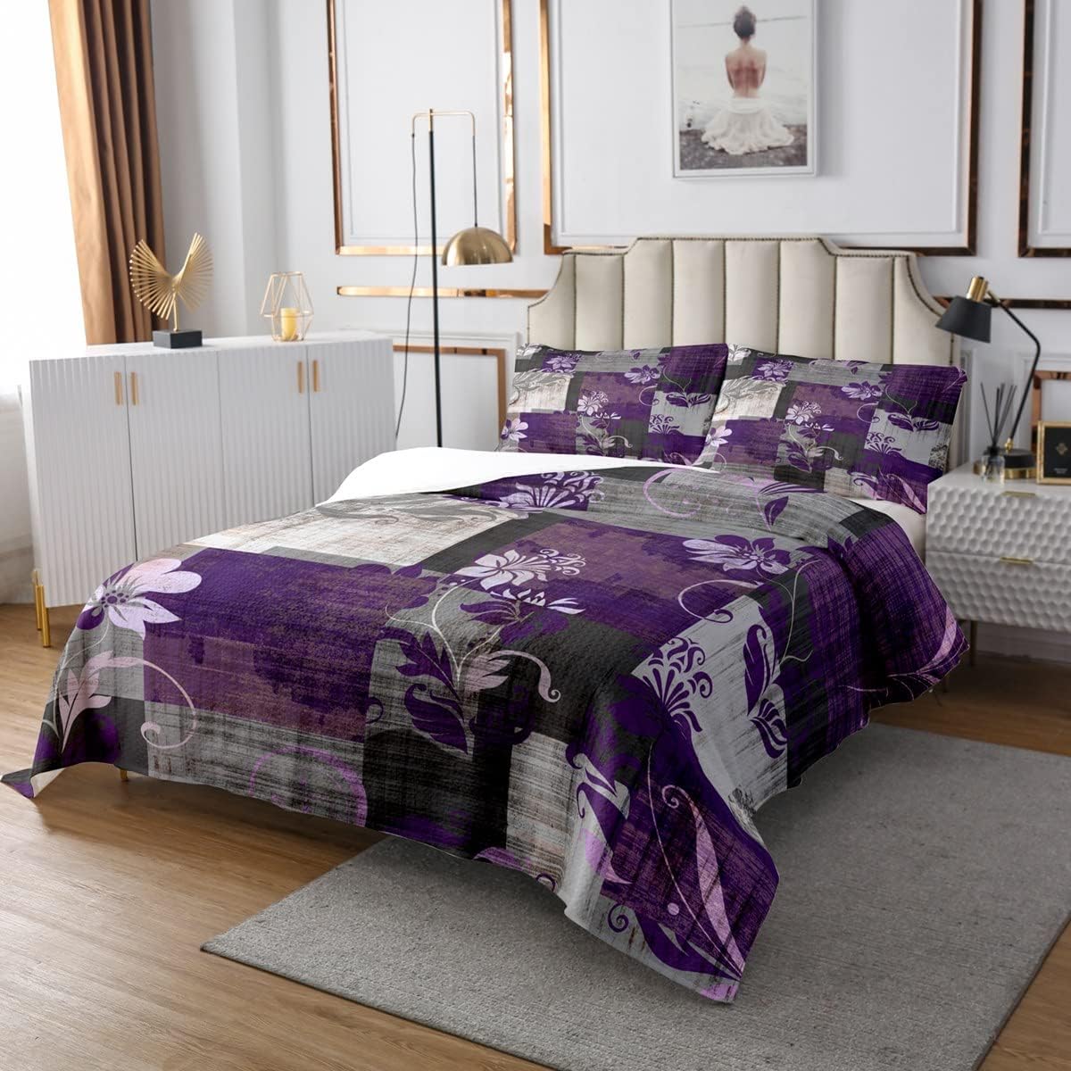 Erosebridal Vintage Ombre Art Quilted Abstract Retro Flowers Coverlet Set,Graffiti Bedspread Geometric Square Rectangle Quilt Set King,Pastiche Contemporary Floral Patchwork Room Decor,Purple Grey