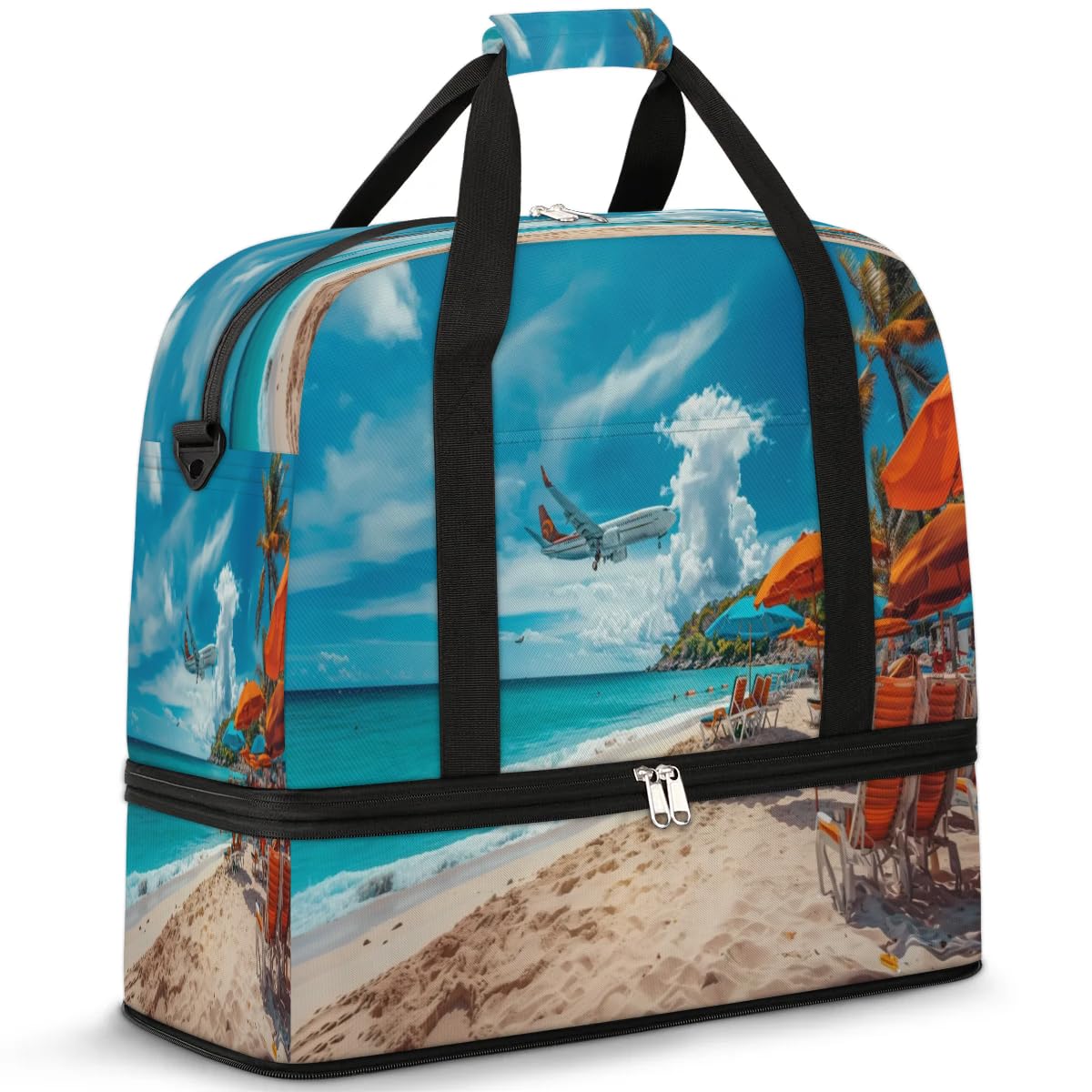 Reisetasche für Damen und Herren, Flugzeug, tropischer Strand, Wochenende, Übernachtung, faltbar, nass getrennt, 47 l, Tragetasche für Sport, Fitnessstudio, Yoga, farbe, 47 L, Taschen-Organizer