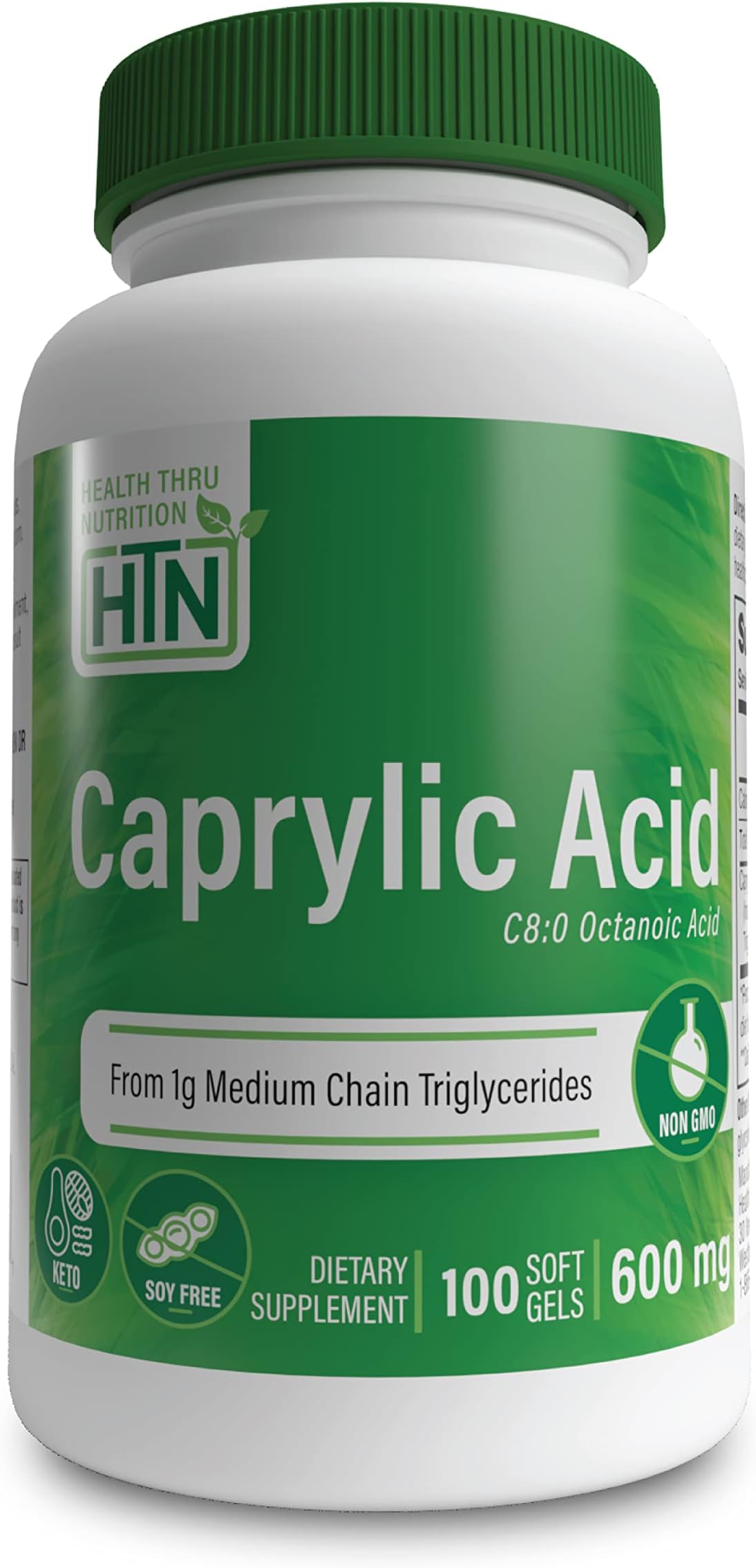 Health Thru Nutrition Caprylic Acid 600mg (as C8 Octanoic Acid) from Pure 1g MCT Oil | Non-GMO & Soy Free | Support Healthy Digestive and Intestinal Health | Keto Friendly (Pack of 100)
