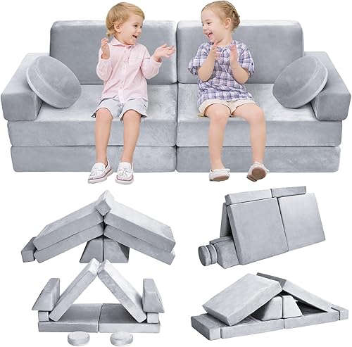 Miniatura 15 de Sofá de juegos para niños, sofá de 10 piezas para sala de juegos y dormitorio, modular para jugar, crear, dormir (rosa) Rosado,Gris,Gris (Grey