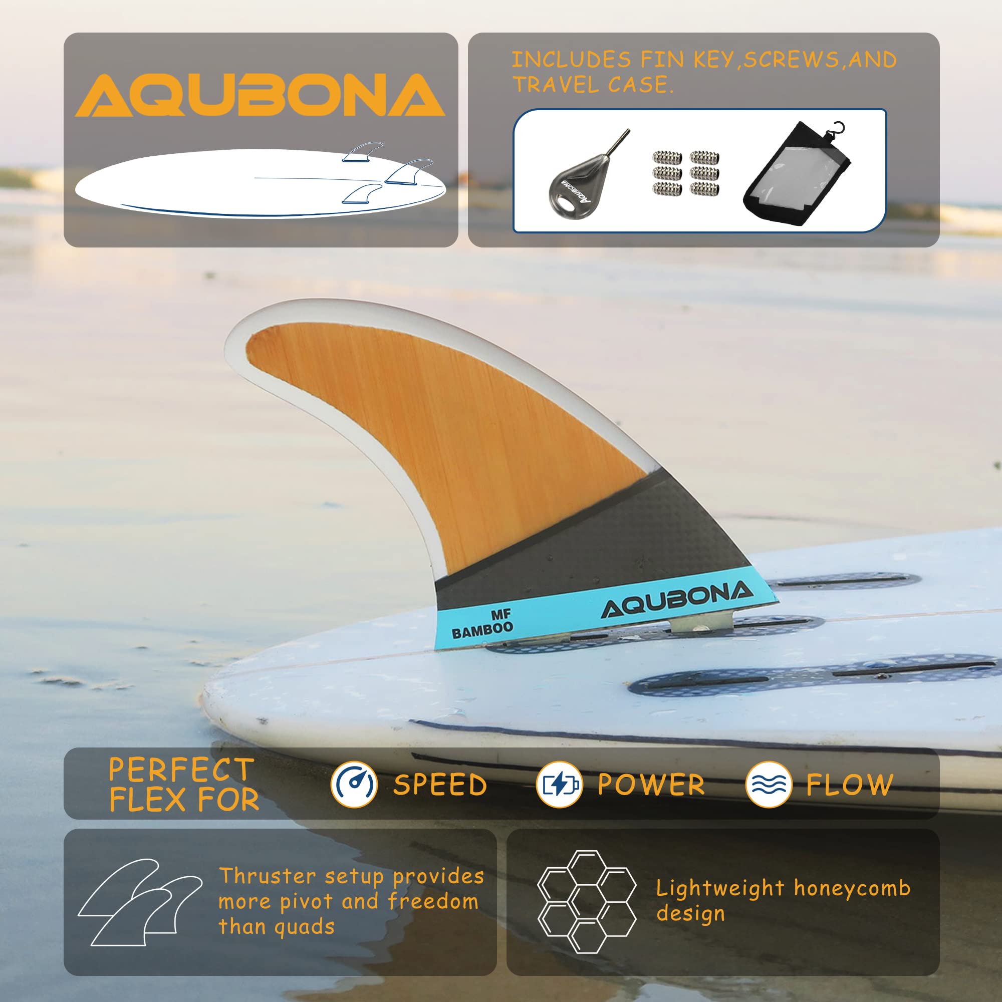 AQUBONA Large (MF) Fin Sets Bamboo Fiberglass Performance Surfboard Fins - Single Tab Or Twin Tab Surfboards-with Fin Bag Key Screw