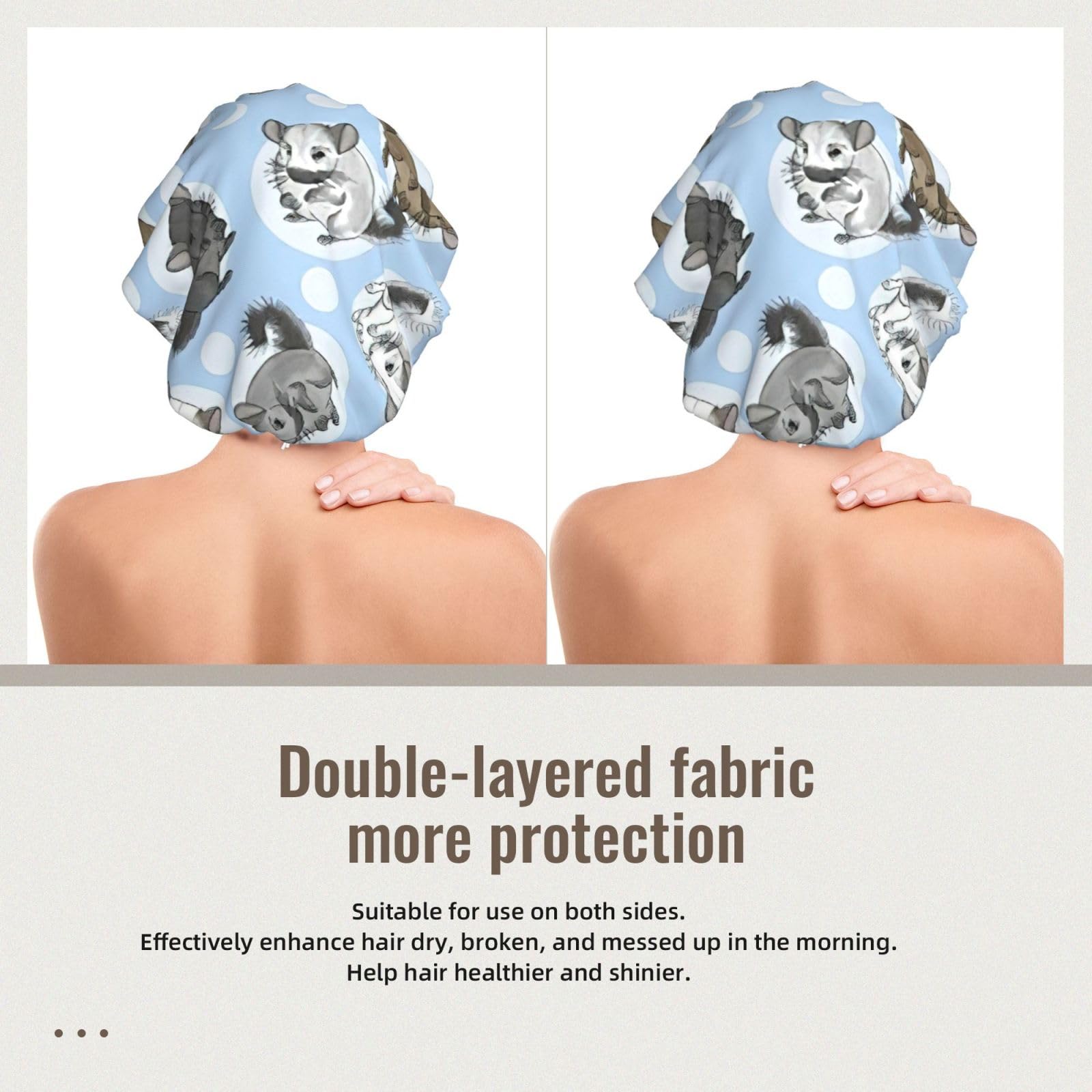 Double Layer Reversible Hair Wrap Satin Sleep Blue Chinchillas and Moon Cap Bonnet for Braid Curly Hair Satin Bonnet