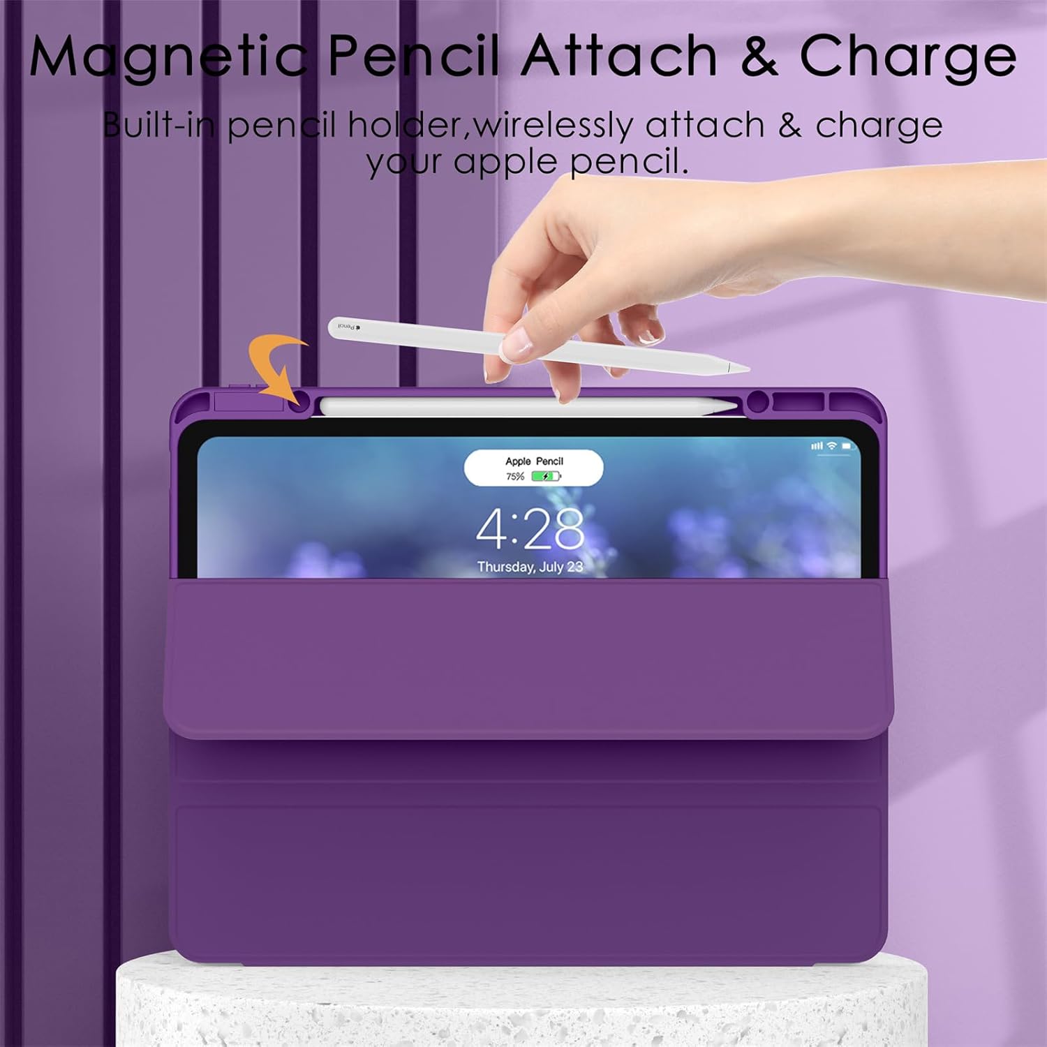 Soke Case for iPad Pro 12.9 Inch (6th/5th/4th/3rd Generation, 2022/2021/2020/2018) - Pencil Holder + Auto Sleep/Wake + Camera Protection, Transparent Shockproof Back Cover, Purple