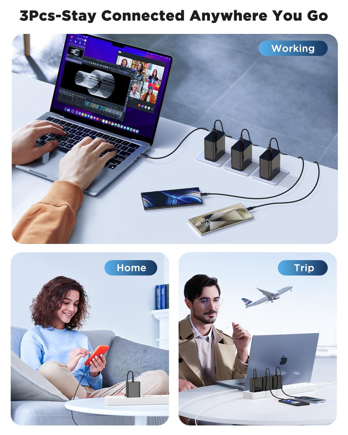 Confezione da 3 caricabatterie super veloci tipo C 3 m, caricabatterie USB C per telefono Android, blocco di ricarica rapida con cavo di ricarica Ertra lungo tipo C per Samsung Galaxy S25/S25 Ultra