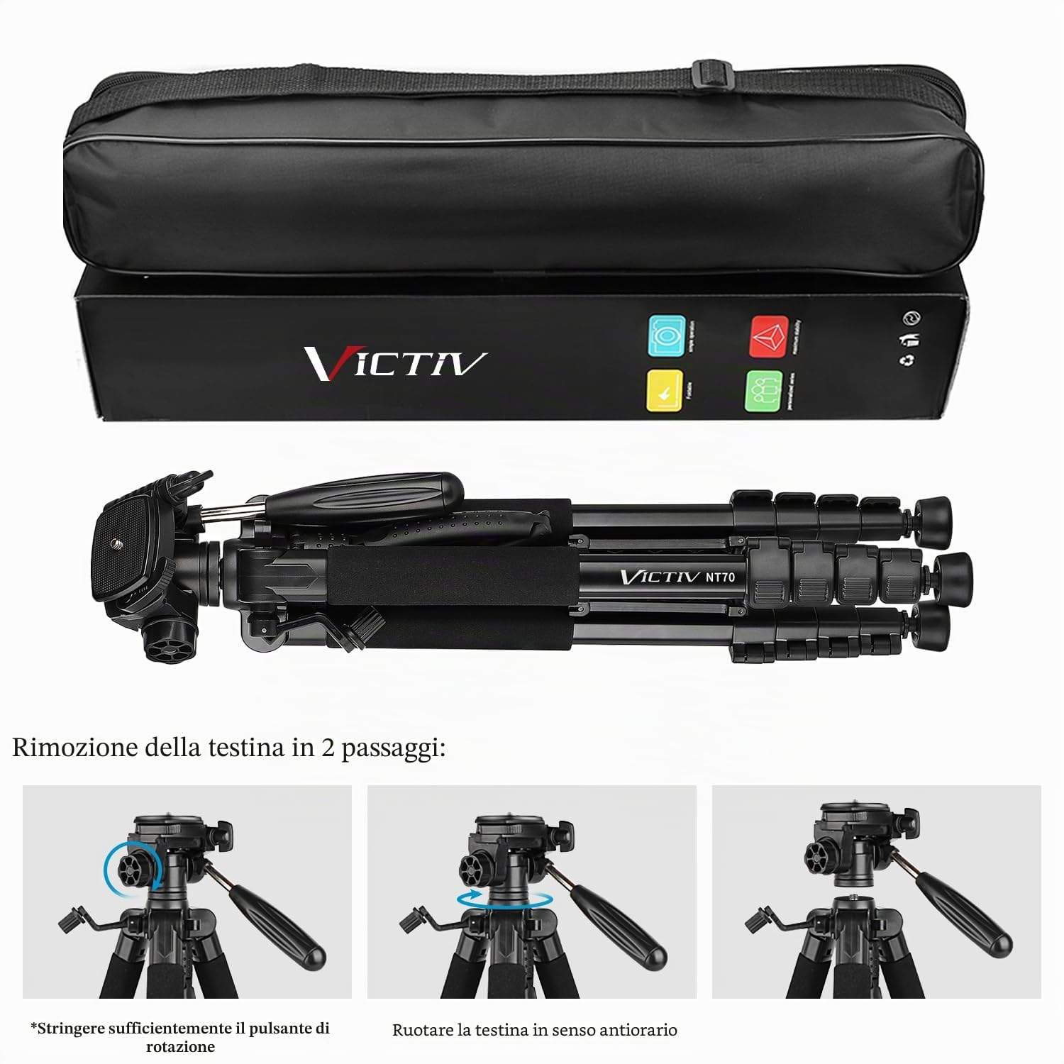 Victiv Treppiede Fotocamera e Smartphone 185 cm, Cavalletto Fotografico in Alluminio Leggero, con Testina a 3 Vie Rimovibile, Supporto Smartphone e Telecomando Bluetooth, per DSLR Sony Canon Nikon