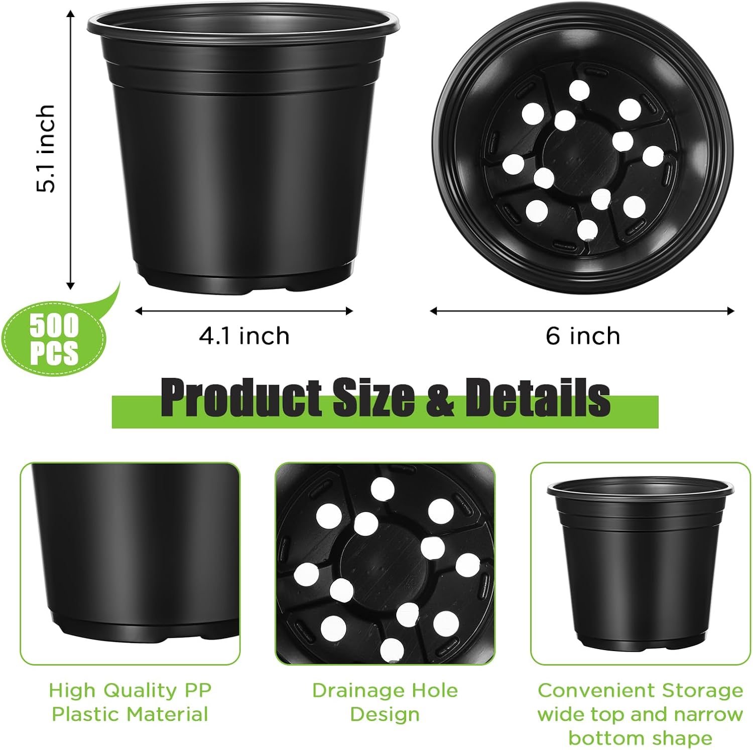 Dandat 500 Pieces 6 Inch Plastic Nursery Pots Plant Pot Seeding Pots with Drainage Holes Bulk Pack Seedling Flower Plant Container Black Reusable Pots for Flower Succulent Indoor Outdoor Plants