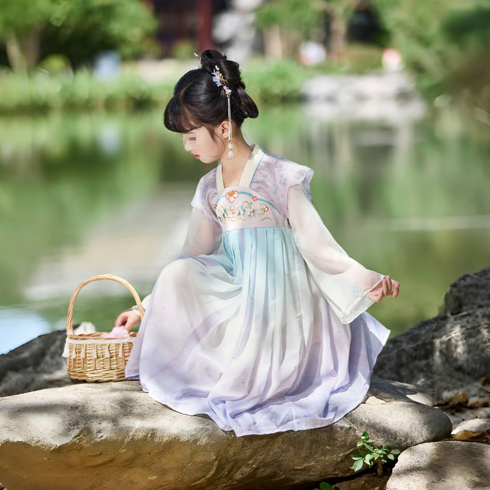 Letnia tradycyjna sukienka Hanfu dla dziewczynki i zestaw Cheongsam Qipao, chiński kwiatowy kostium z dynastii Ruqun Tang dla dzieci Dziecko, wróżka długimi rękawami strój Cosplay,150