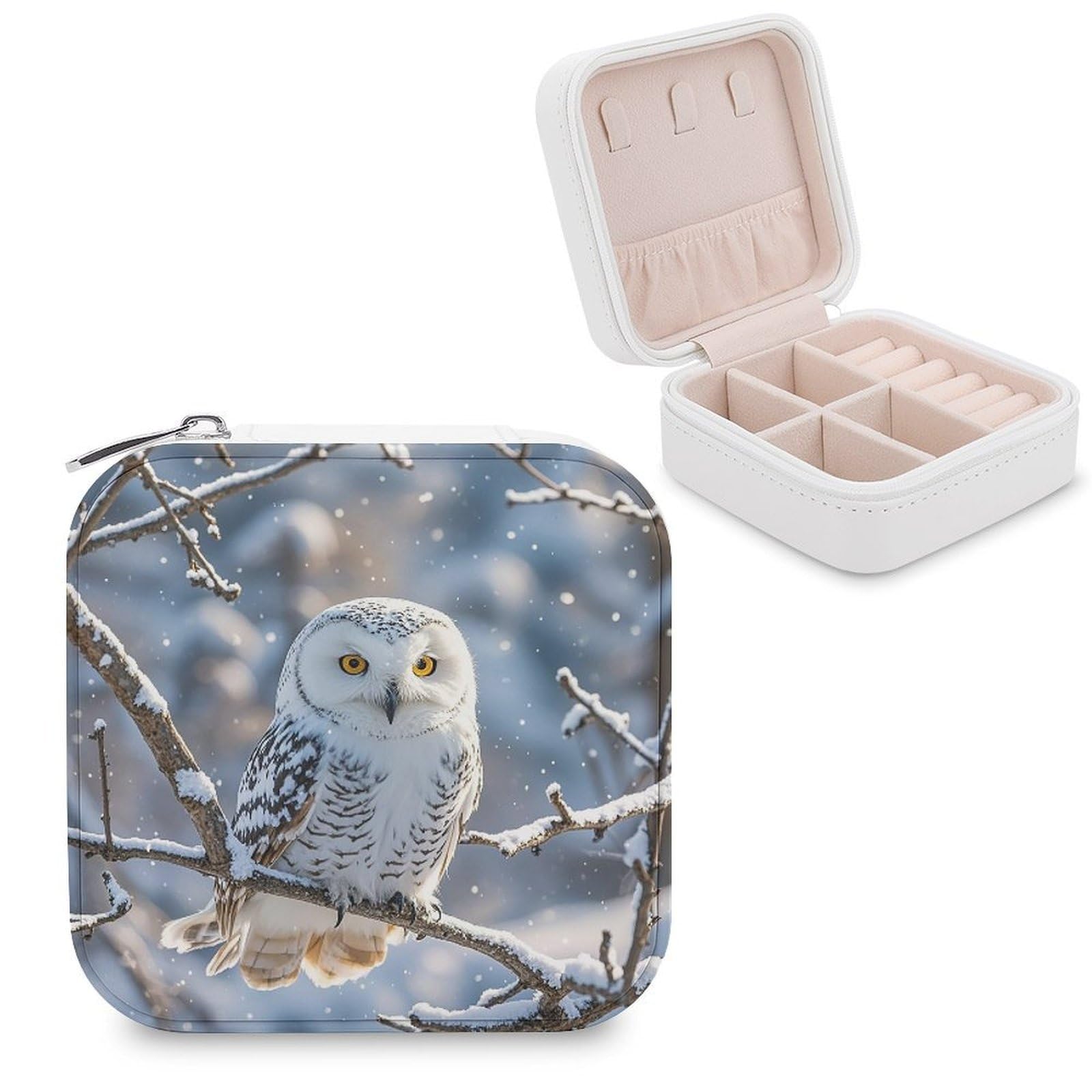 LZQPOEAS Winter White Owl Jewelry Box Mini Jewelry Travel Case Trendy Stuff Ring Box Custom PU Leather Jewelry Boxes Portable Jewelry Case Earring Storage Organizer for Girls Women
