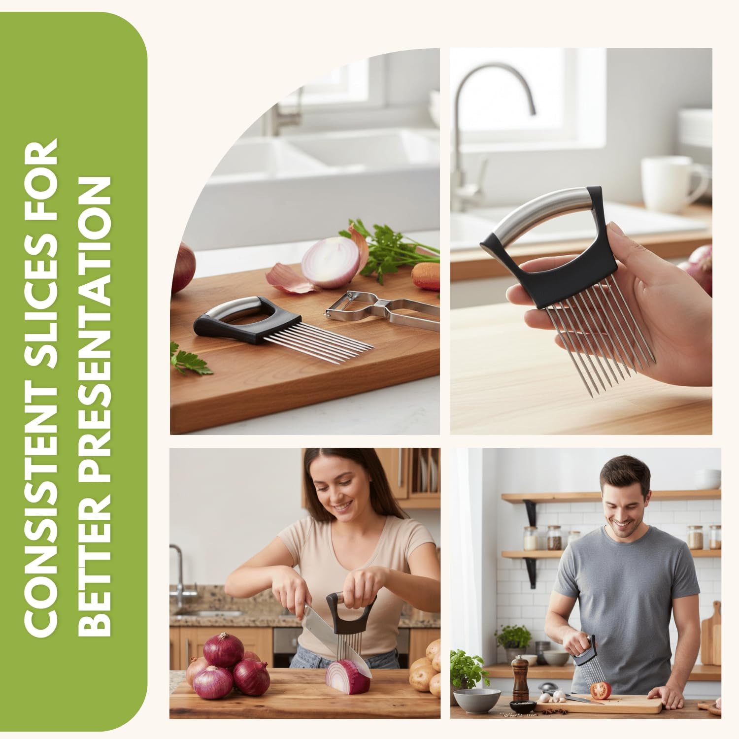 Onion Holder for Slicing, Stainless Steel Onion Cutting Guide with Finger Protector – Vegetable Prep Tool with Bonus Peeler for Safe, Even Slices