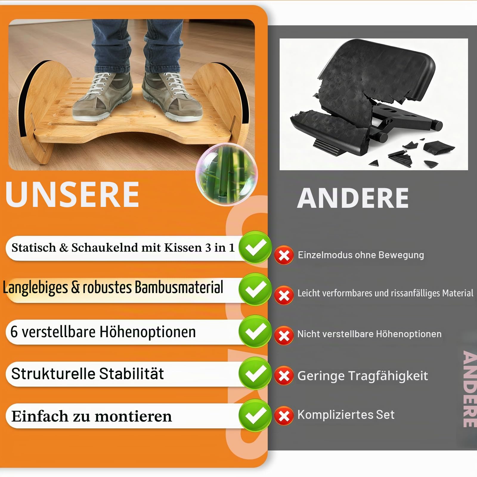 3in1 fussstütze unterm schreibtisch,verstellbare ergonomische fußstütze für Büro und Zuhause,fußhocker schreibtisch mit 6 Höhen,Schaukelstuhl mit Kissen fußbank,fussbank holz massiv rutschfest