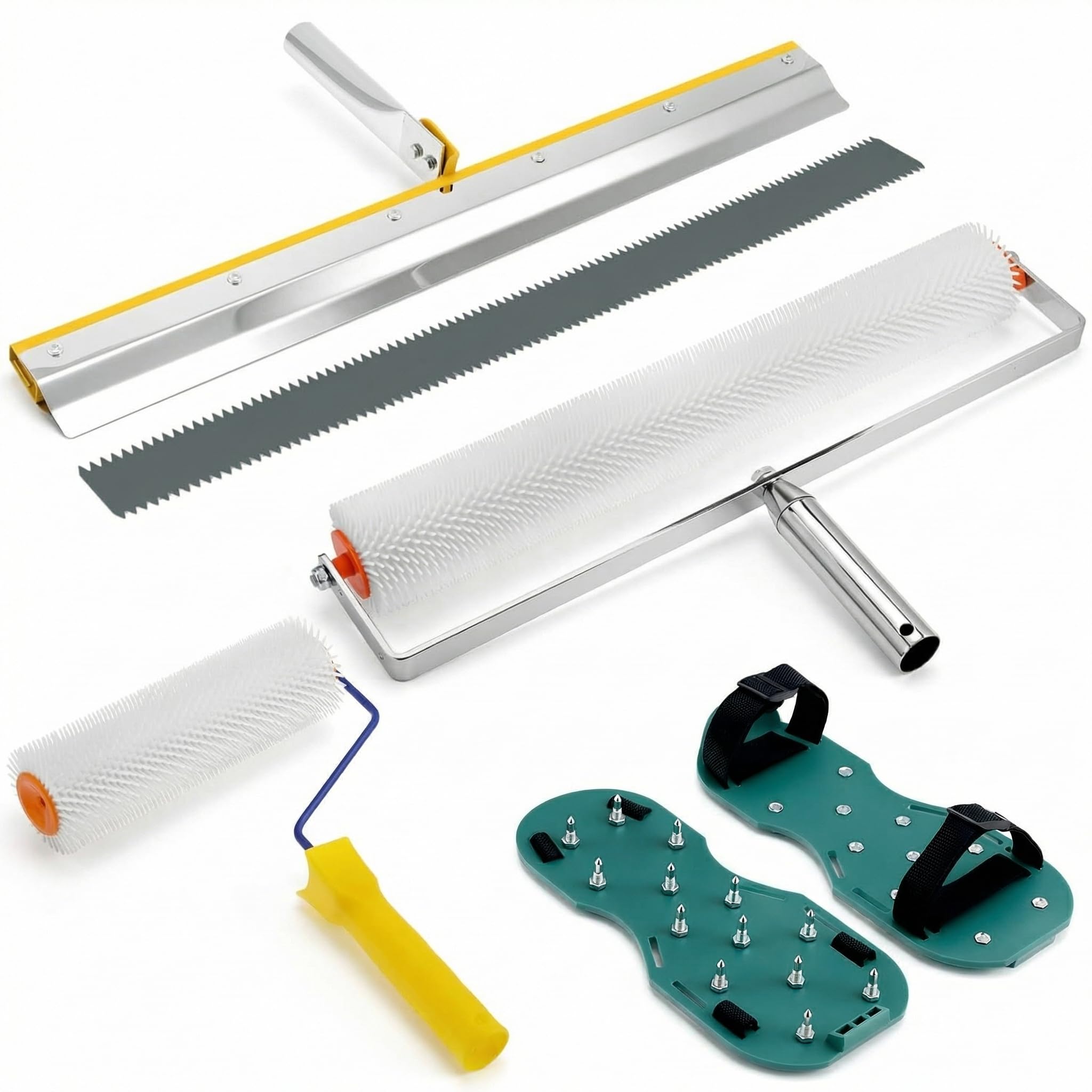 QWORK® Self-Levelling Cement Tool Kit, Floor Construction Roller Spike Shoes, Epoxy Floor Paint Tool, Stainless Steel Scraper Self-Leveling Rake — image 1
