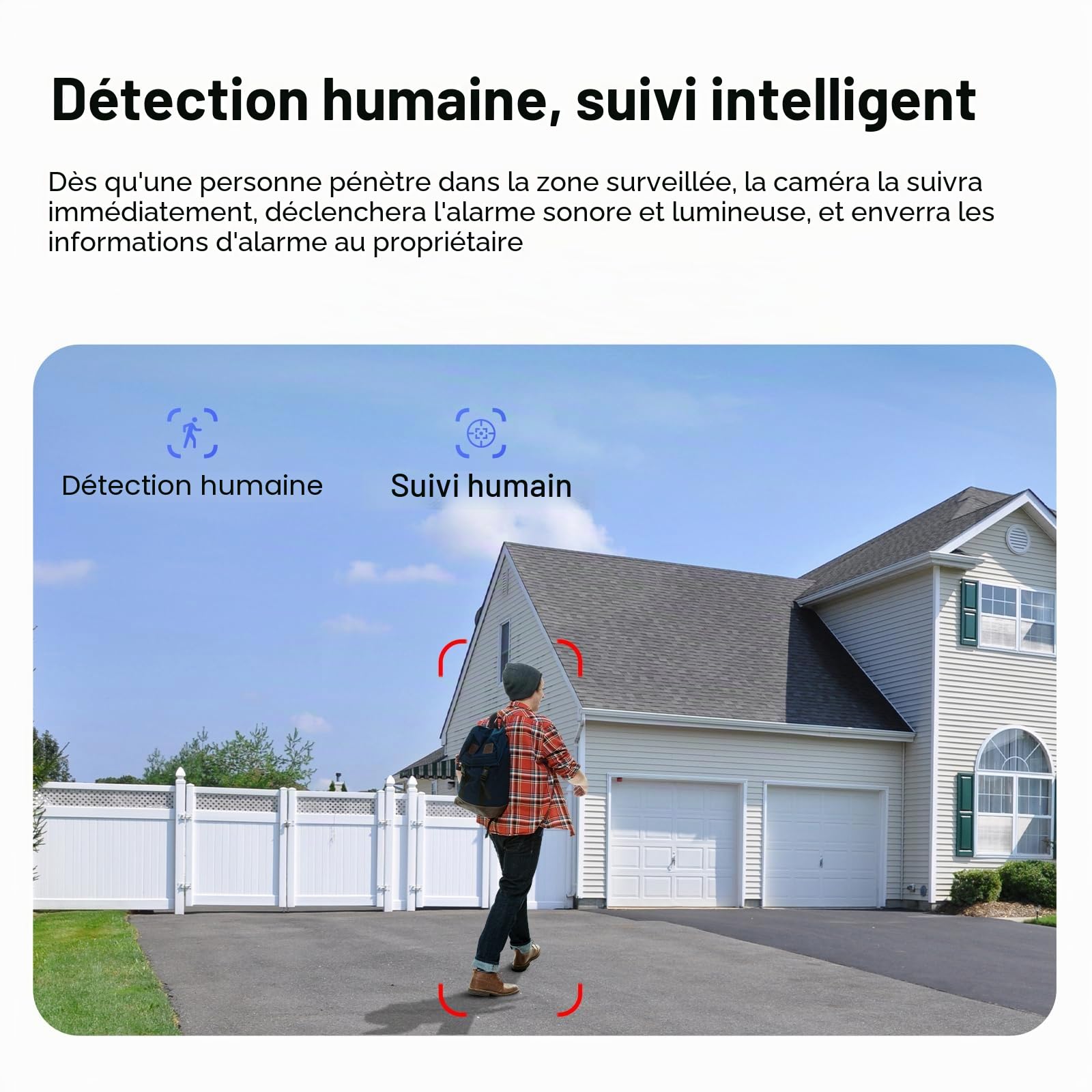 EVERSECU Caméra murale étanche à double objectif, vidéo 3K, projecteur 1200 lm, audio bidirectionnel, suivi automatique PTZ, prend en charge ONVIF et RTSP et Alexa, stockage Cloud/SD, caméra de
