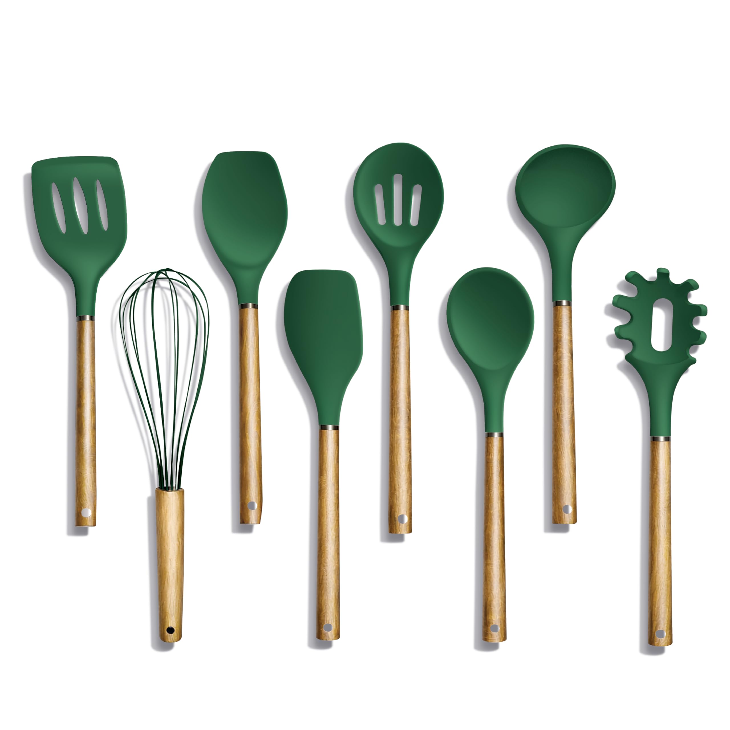 Country Kitchen Antihaft-Silikon-Utensilien-Set mit abgerundeten Holzgriffen zum Kochen und Backen, 8-teiliges Set, Grün