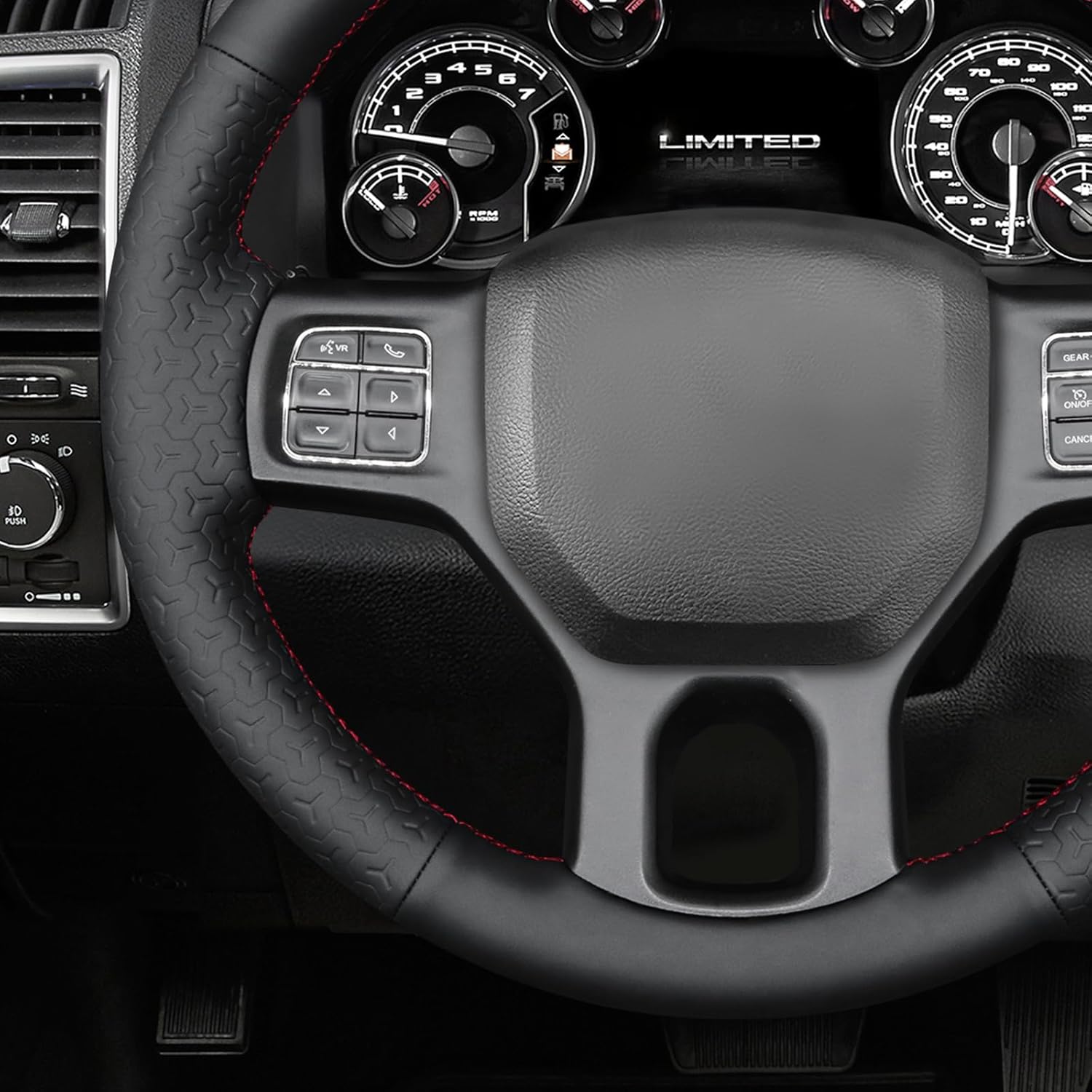 MEWANT DIY Black Smooth Geom Embossed Faux Leather Steering Wheel Cover for Dodge RAM 1500 2012-2018 1500 Classic 2500