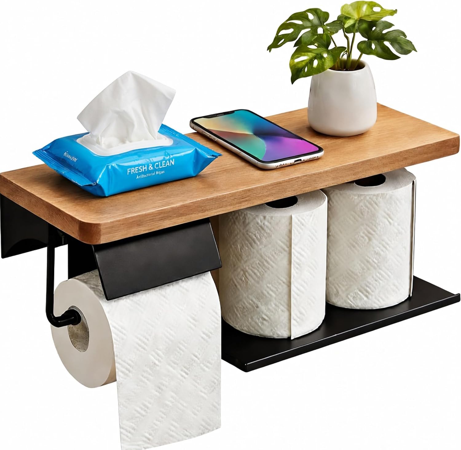Double Toilet Paper Holder with Solid Wood Shelf, Wall Mounted Matte Black | 16" x 5.31" Toilet Paper Rolls with Storage | Rust-Resistant Walnut & Steel for Home Kitchen Bathroom Organizer | Screw Mount