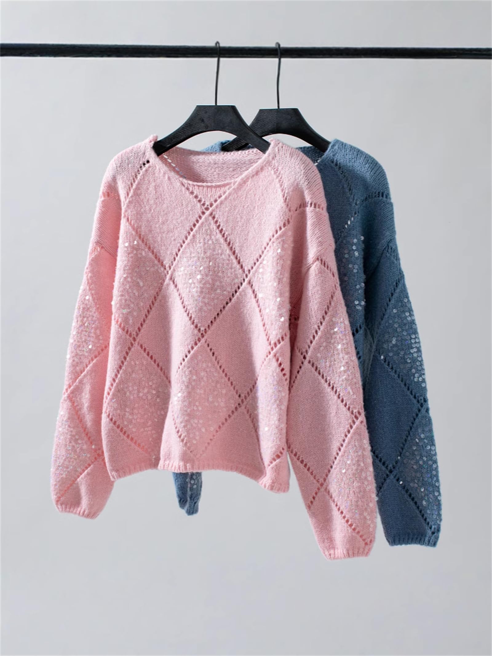 Generico Maglione da Donna in Maglia Traforata con Paillettes Scintillanti, Girocollo, Maniche Lunghe, vestibilità Ampia, Blusa Casual per Primavera/Autunno e Feste.
