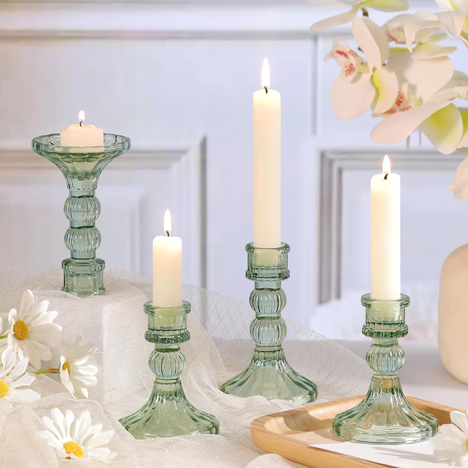 DARJEN 6Pcs Green Candlestick Holders Set - 4" H & 5" H Striped Taper Candle Holders Bulk, Glass Candle Holders for Wedding, Festival, Party, Table Centerpiece, Gifts