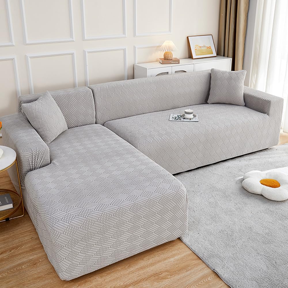 Housse de canapé d'angle extensible en jacquard gris clair 1 place