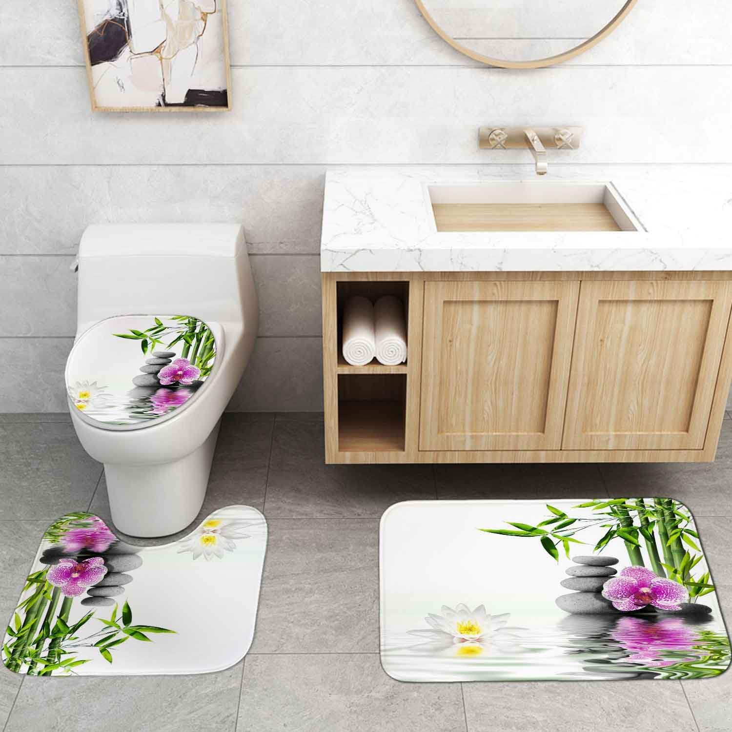 4PCS Zen Spa Shower Curtain Sets with Rugs, Waterproof White Fabric Shower Curtain, White Lotus Flower Purple Orchid Stone Green Bamboo Lake Garden Spiritual Meditation Relaxing Bathroom Decor