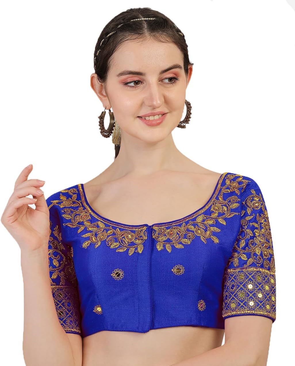 Pujia Mills Women's Silk Heavy Embroidery Peacock Khatli Work with Stone Work Readymade Half Sleeve Blouse (Lavendor), Lavendor, 38