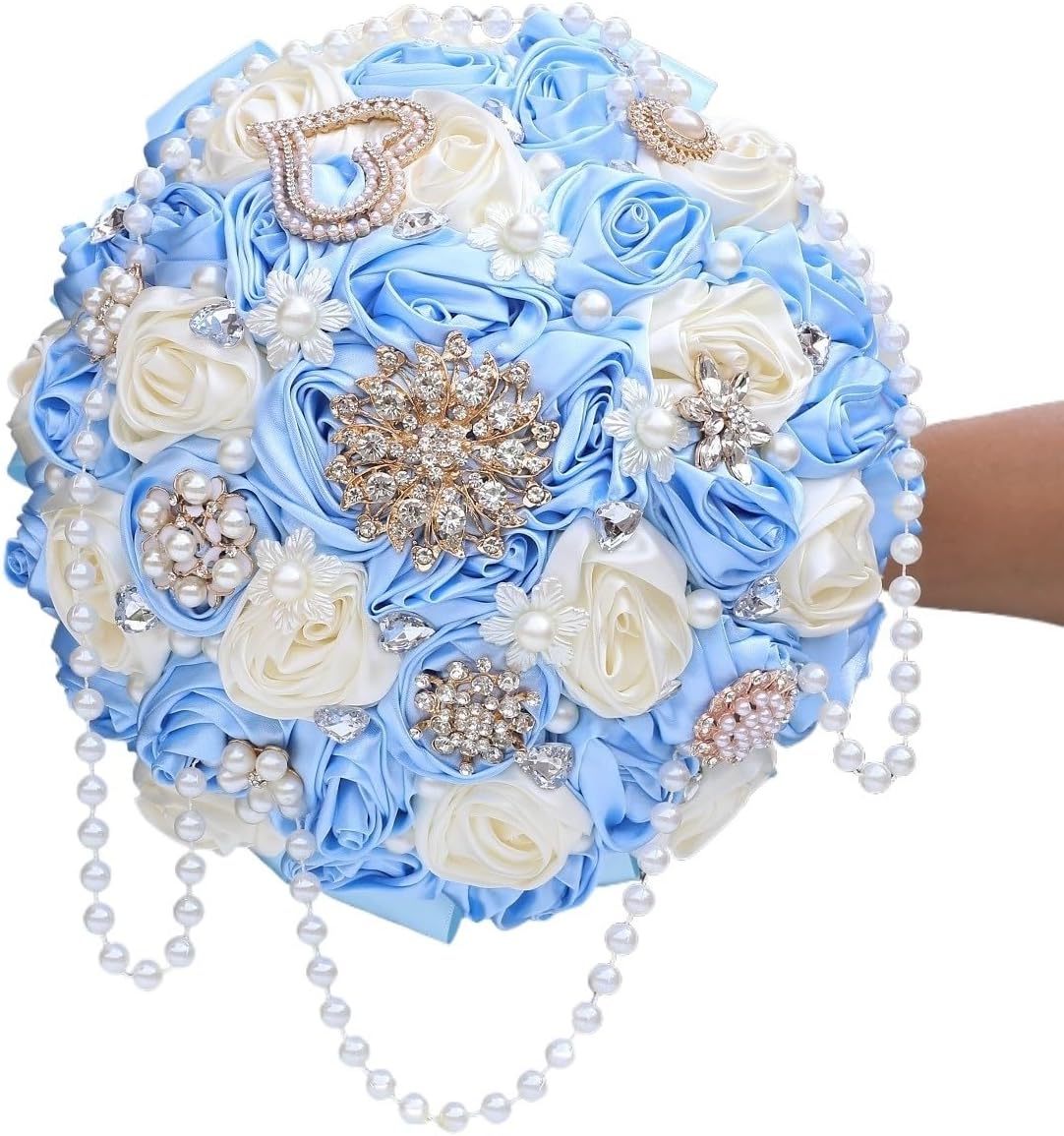 Creamy Rhinestone Bouquet Ribbon Bride Bridesmaid Holding Wedding