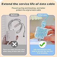 Vista 4 de CameCosy Protector de cable de lujo compatible con cargador de iPhone, diseño de borde ondulado con purpurina, funda USB de línea de datos, Azul