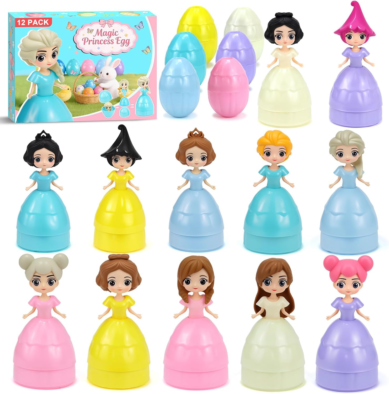 12PCS Pre Filled Easter Eggs Gifts for Kids with Transforms into Princess Toys Easter Basket Stuffers Easter Eggs Hunt Easter Party Favor Prize Classroom Rewards Toys for Girls