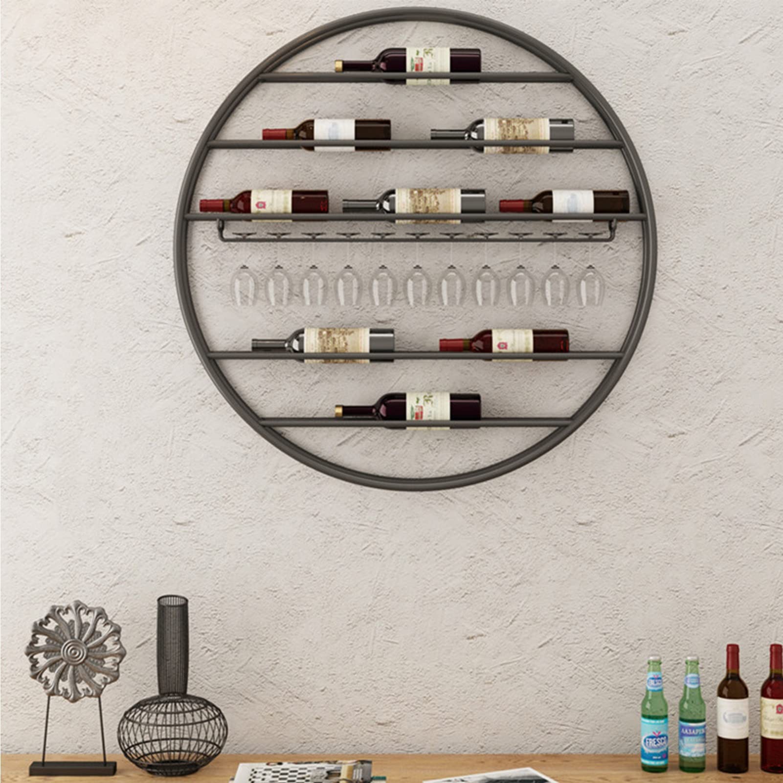 Porte-bouteilles de vin en fer rond et étagère murale flottante pour verres