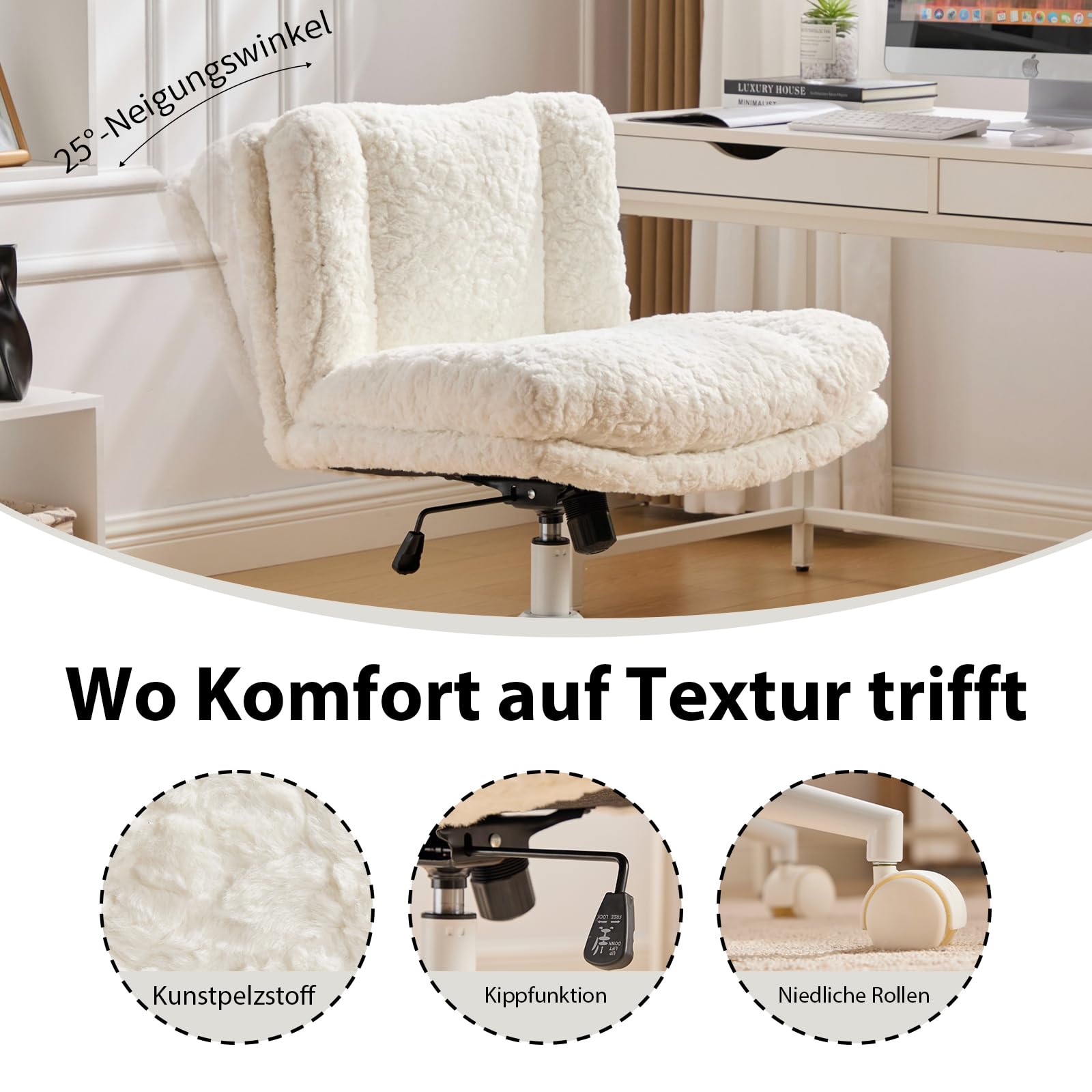 Shenyon Bürostuhl ohne Armlehne, Schneidersitz Stuhl mit Rollen, höhenverstellbar & drehbar, 2 lagige Polsterung mit Rückenlehne, als Homeoffice Stuhl, Schminktisch Stuhl, Schreibtischstuhl, Creme