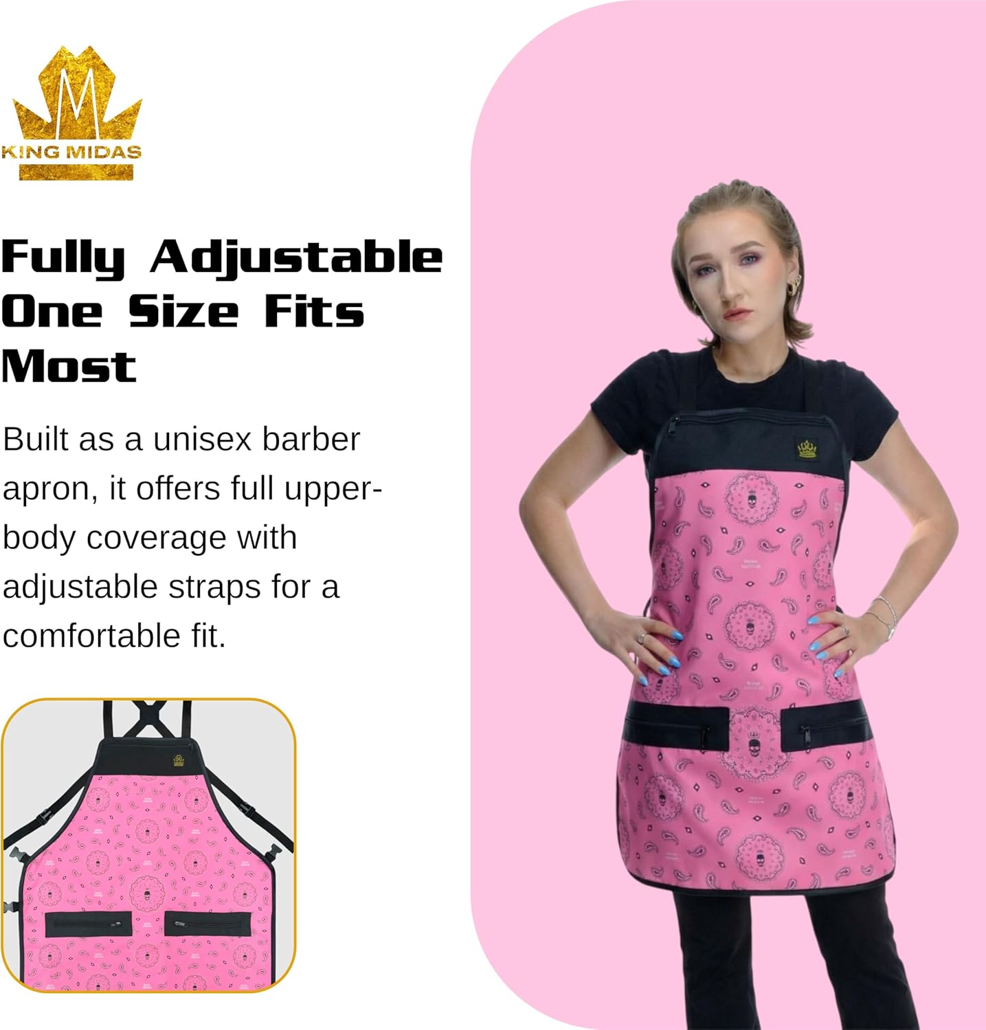 King Midas Salon Apron with Pockets, Adjustable Hairstylist Apron for Women, Cosmetology & Hairdresser Apron