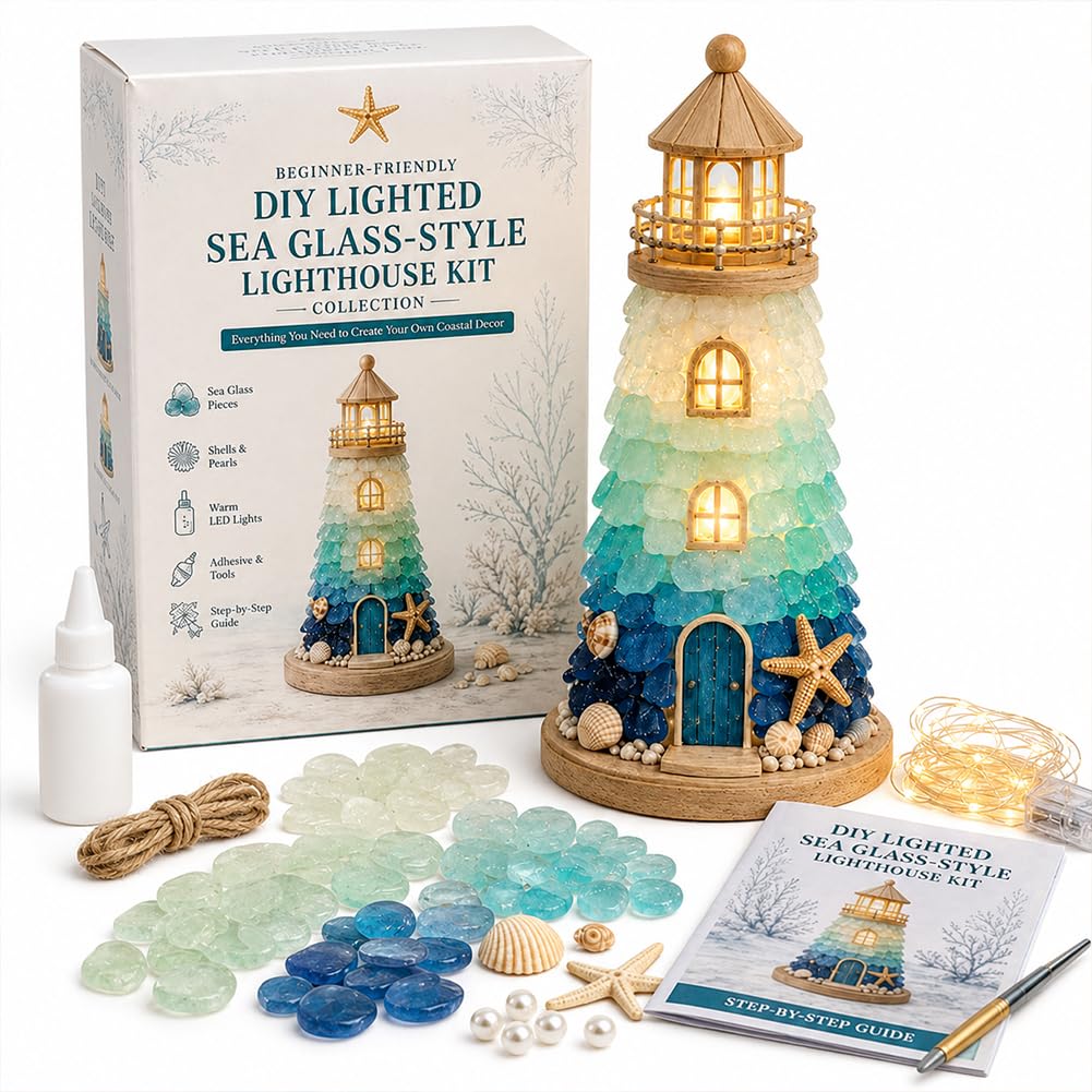 DIY Lighted Sea Glass Art Kit, Sea Glass Lighthouse Craft Kit for Adults