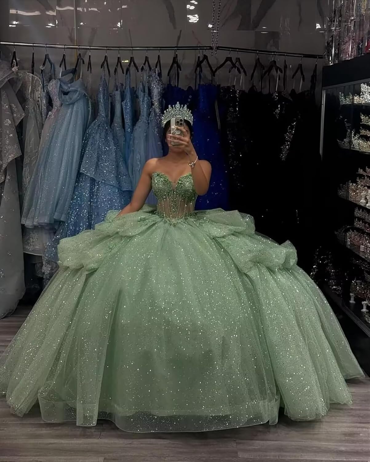 Tulle Puffy Quinceanera Dresses Lace Sequins Sparkly Strapless Sweet 16 Ball Gowns