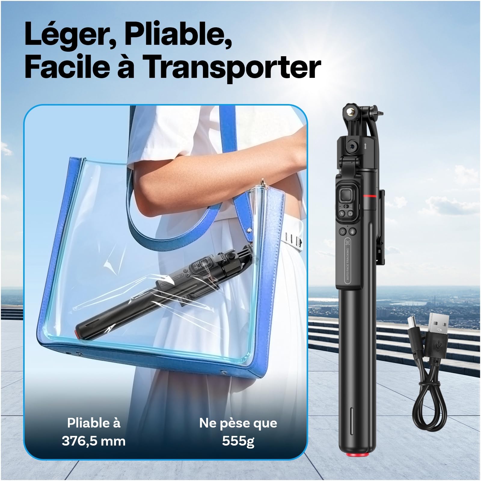 Trépied Selfie Stick avec Suivi du Visage 360° AI par MMOBIEL - Contrôle Gestuel, Télécommande Snap-Out, Bluetooth 5.4, Perche Extensible 1,76m, Trépied Auto-Ouverture pour iPhone, Android, GoPro