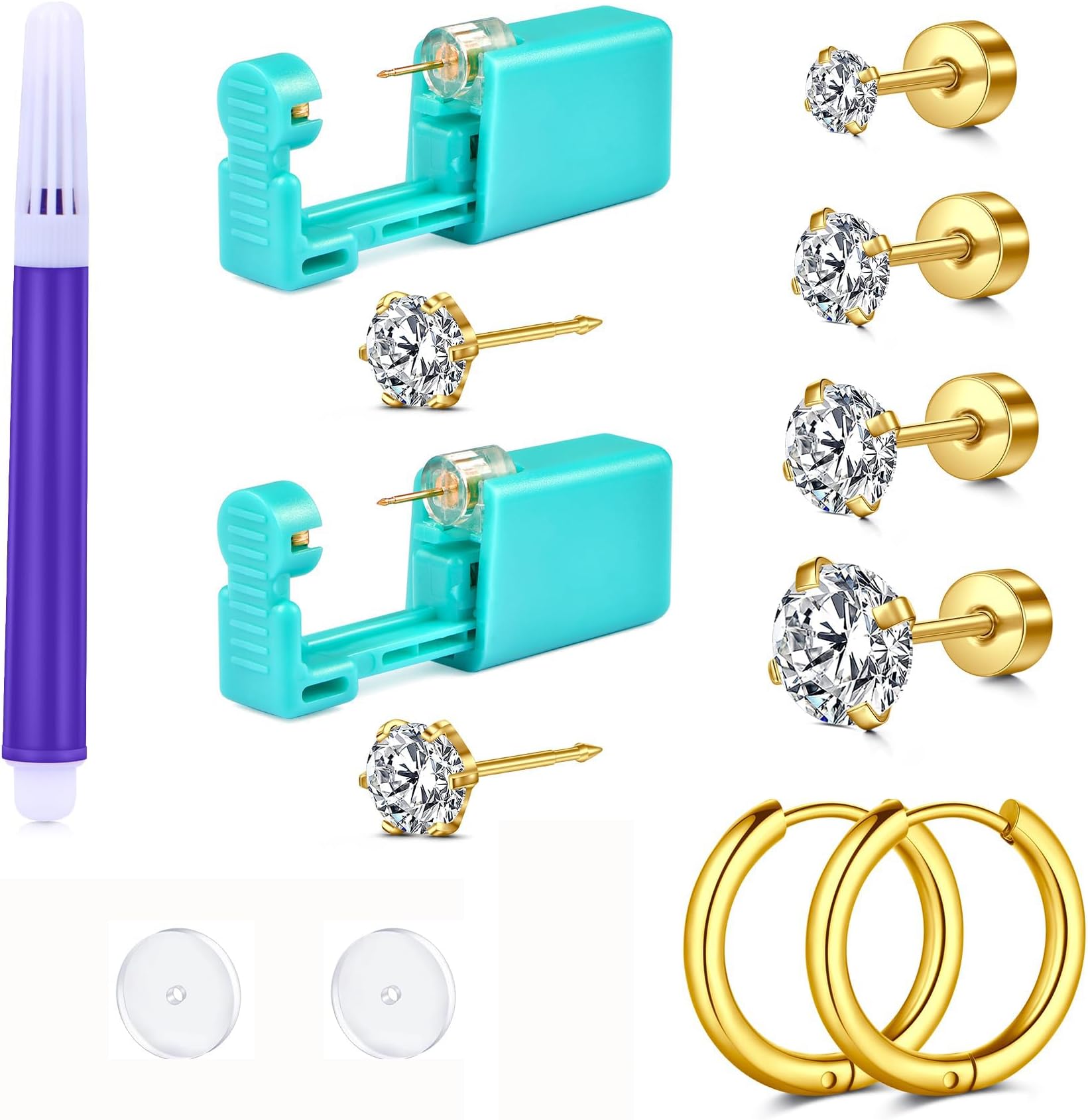 QWALIT Ear Piercing Gun Kit - Gold Self Piercing Earrings Kit With Studs